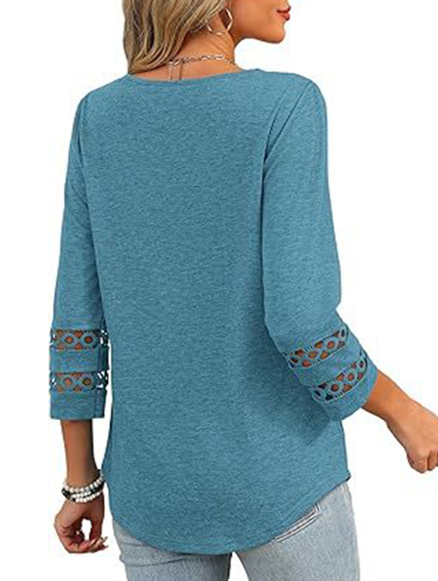 Solid color V-neck lace-trimmed top for women