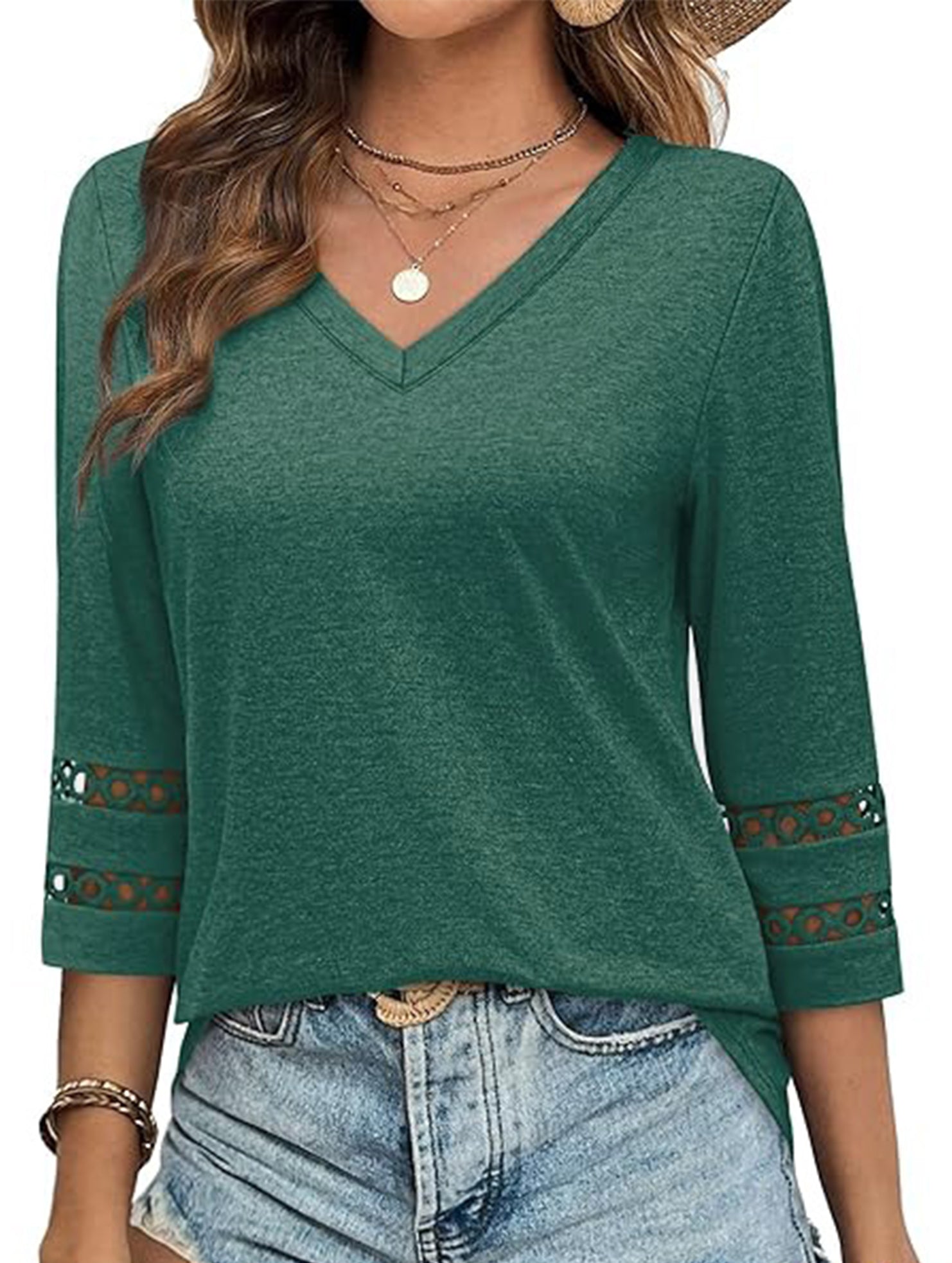 Solid color V-neck lace-trimmed top for women