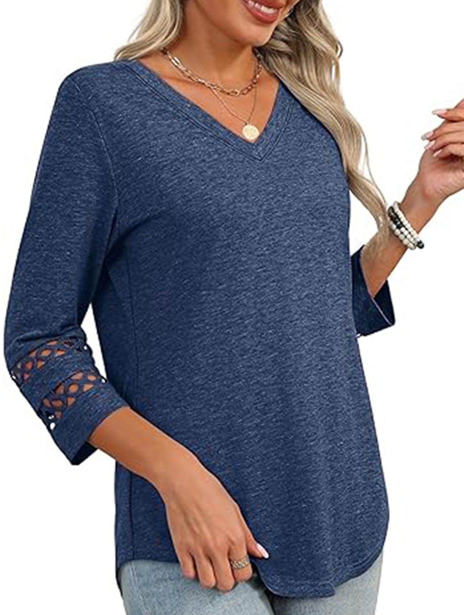 Solid color V-neck lace-trimmed top for women