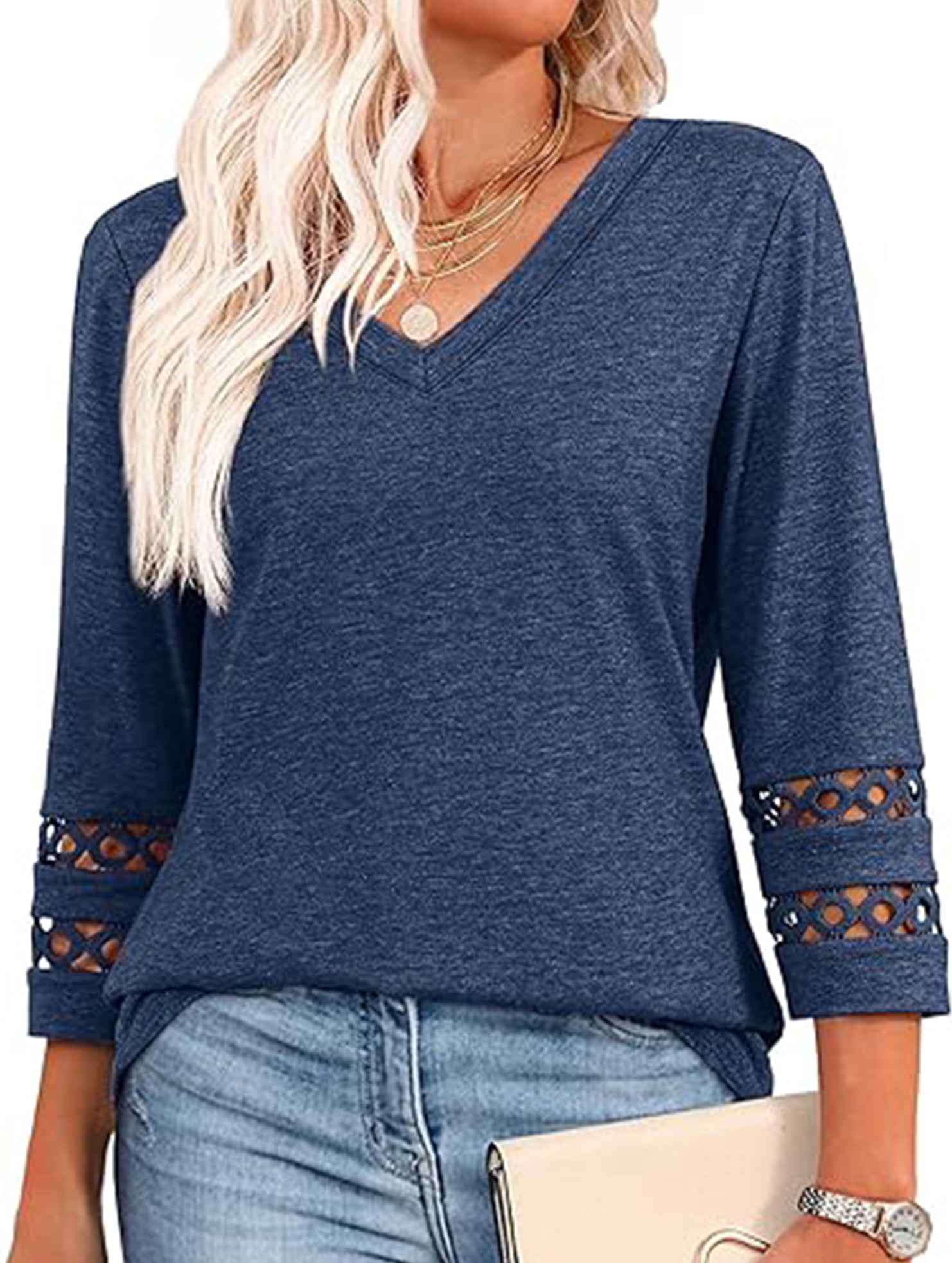 Solid color V-neck lace-trimmed top for women