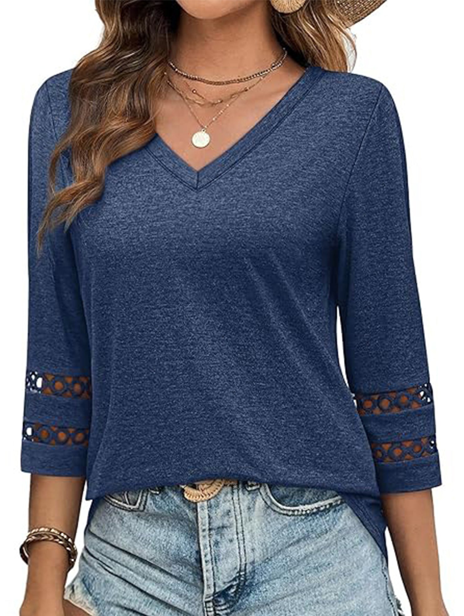 Solid color V-neck lace-trimmed top for women