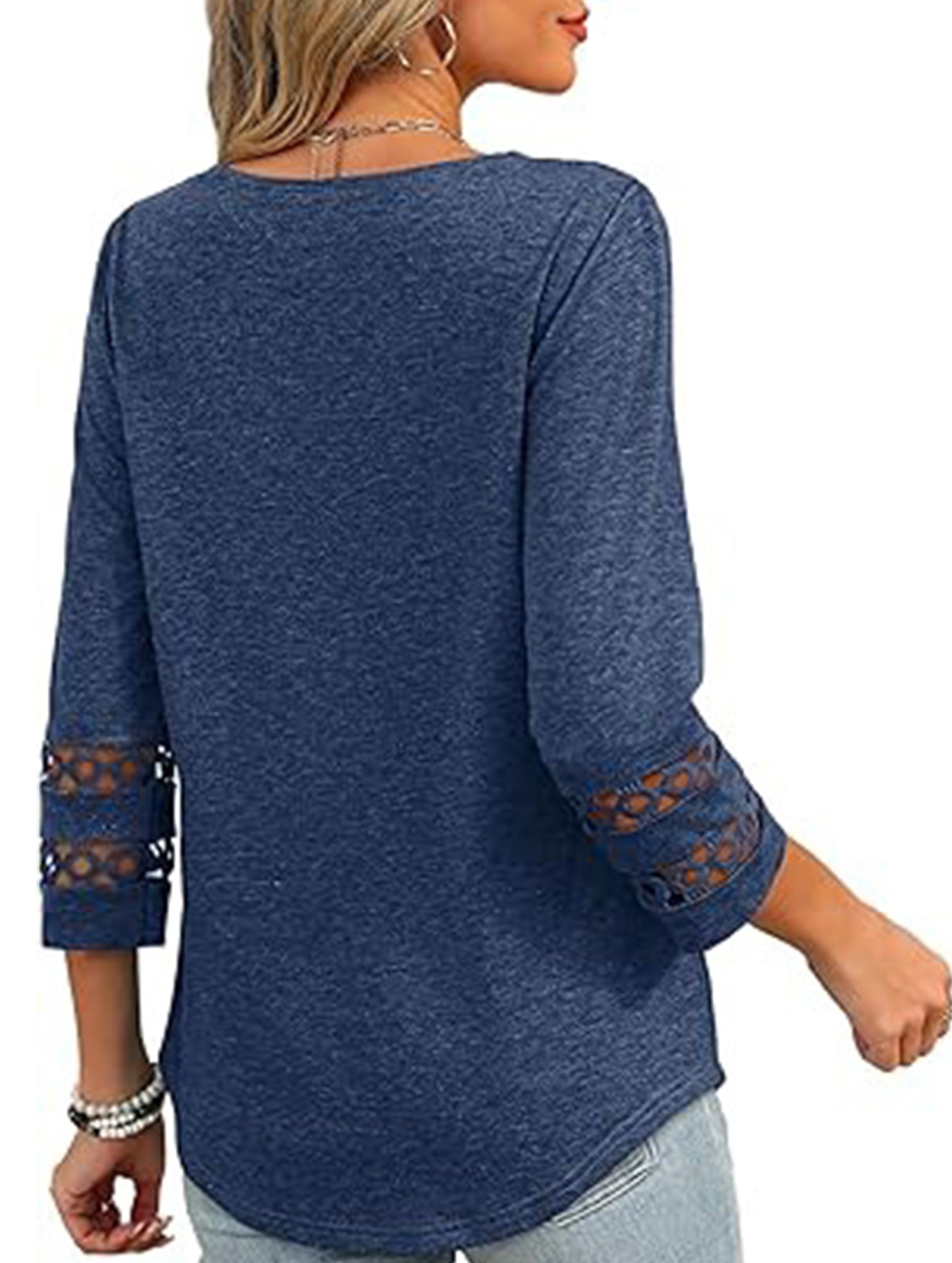 Solid color V-neck lace-trimmed top for women