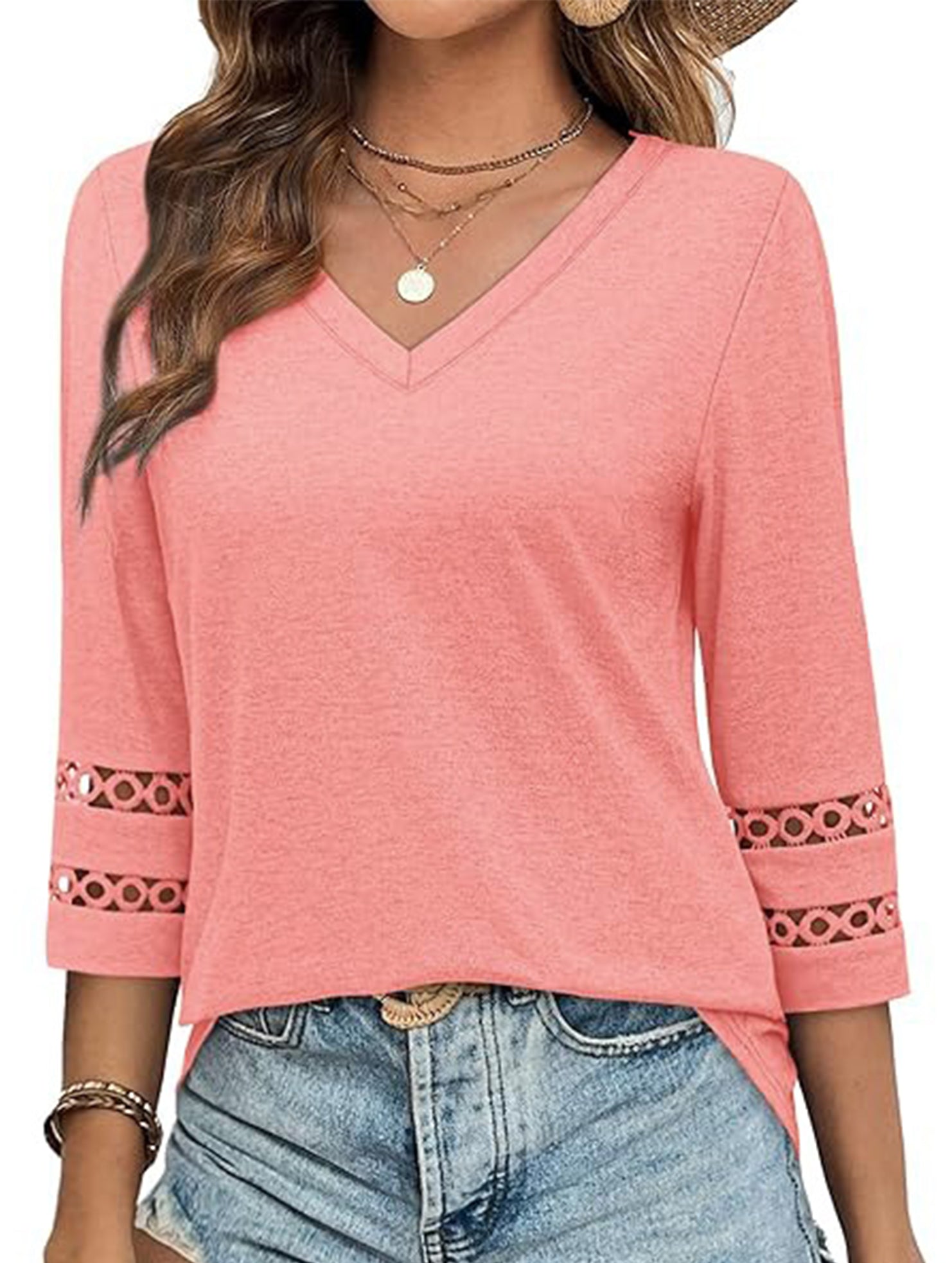 Solid color V-neck lace-trimmed top for women