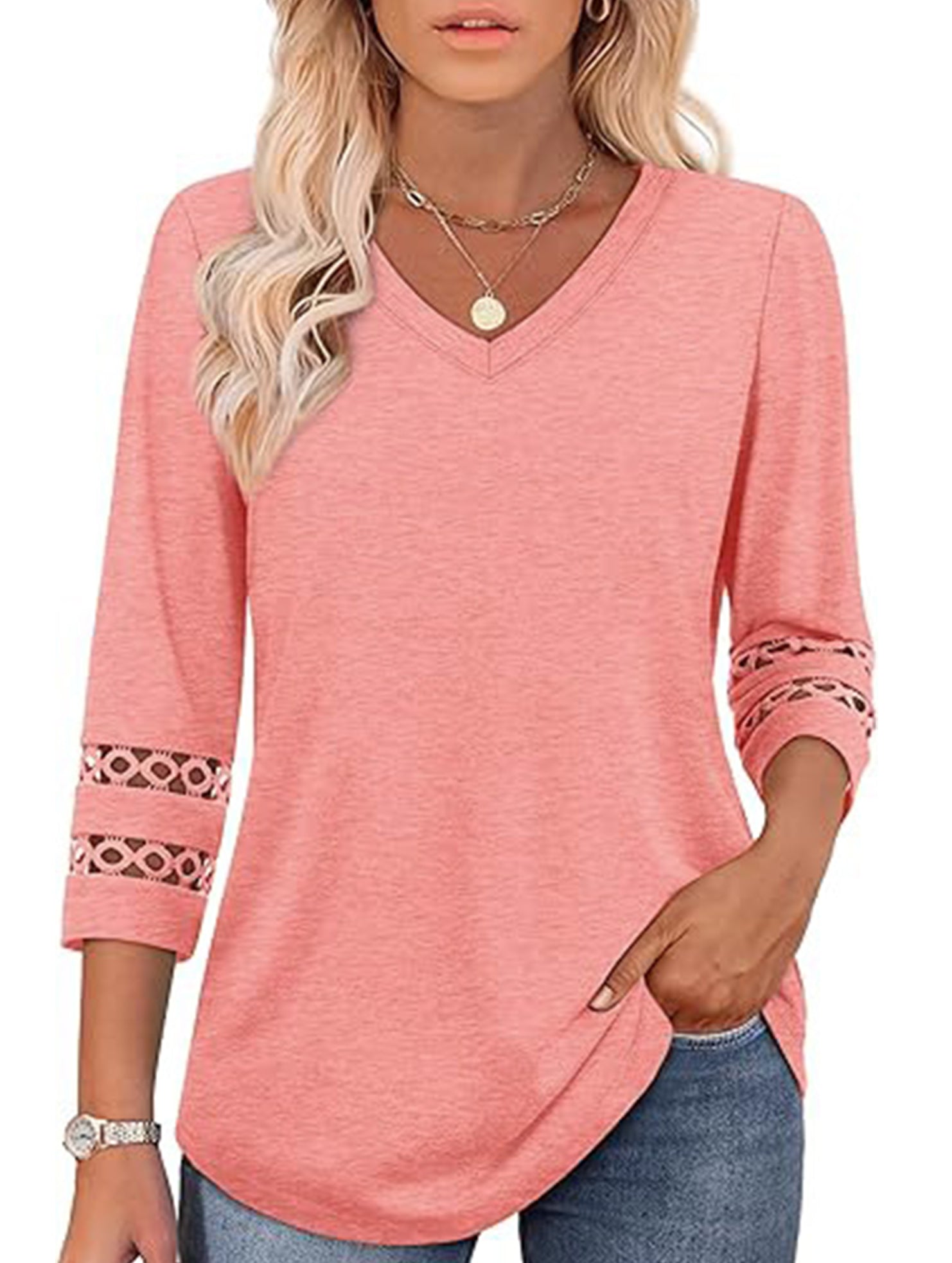 Solid color V-neck lace-trimmed top for women
