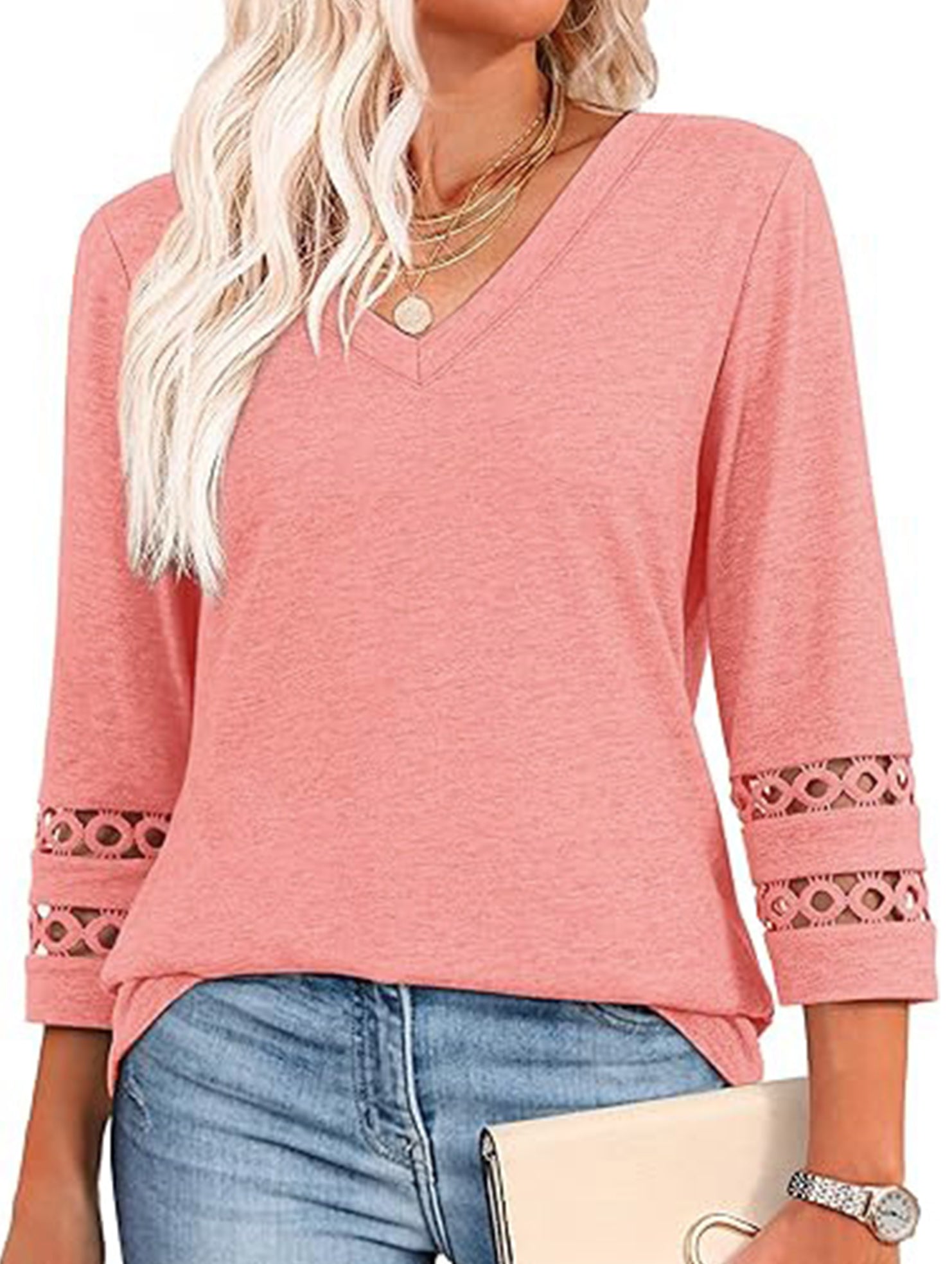Solid color V-neck lace-trimmed top for women