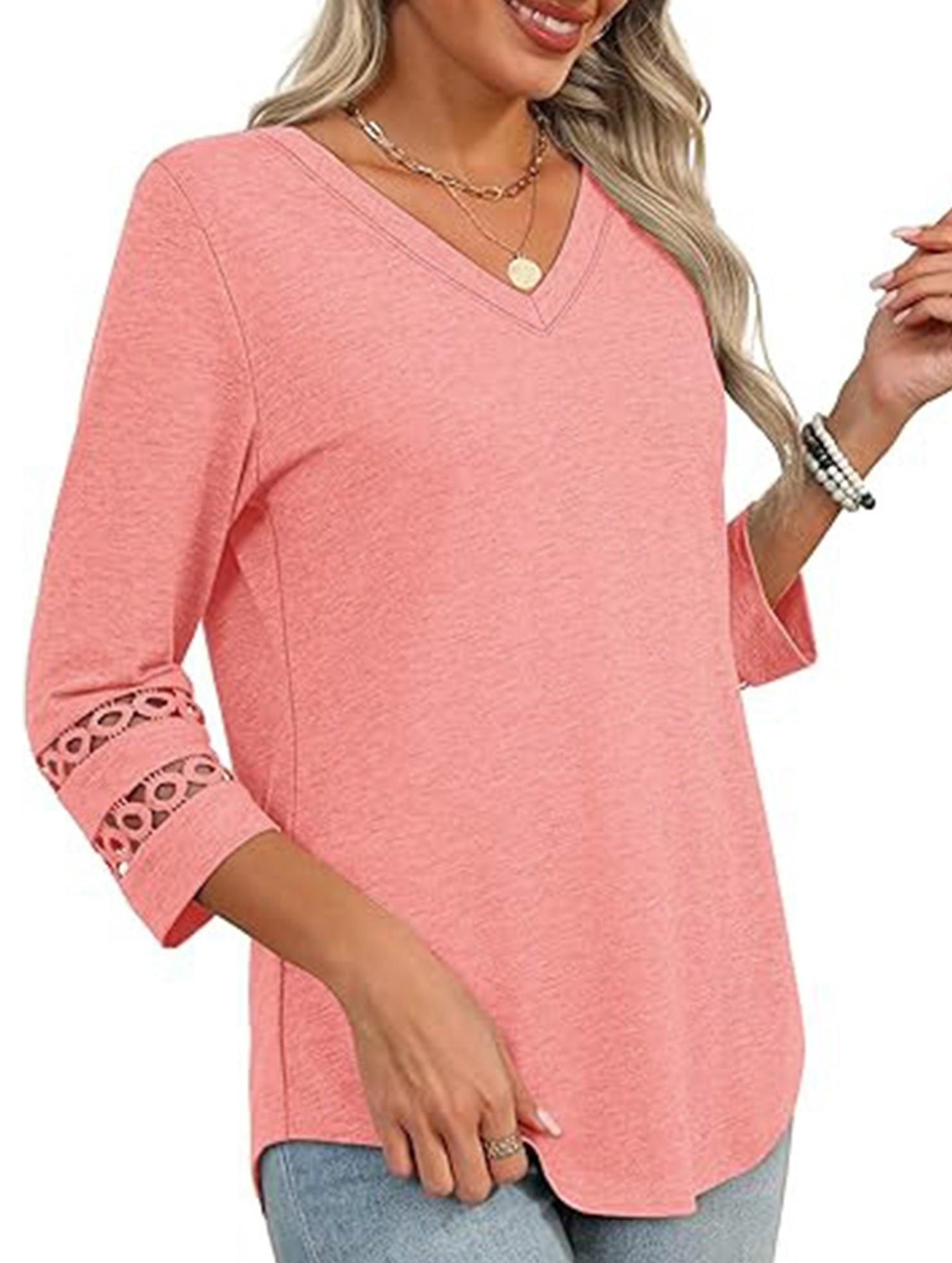 Solid color V-neck lace-trimmed top for women