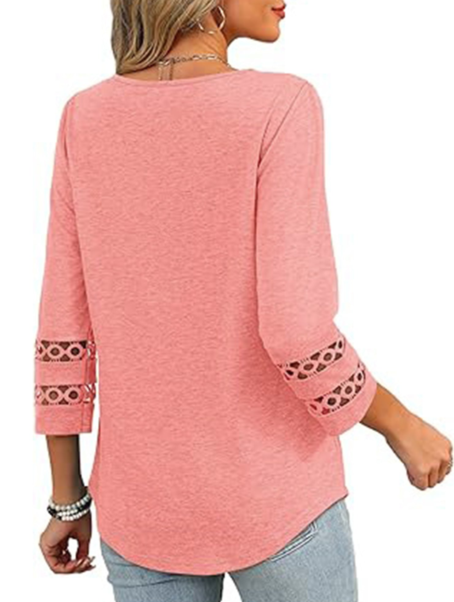 Solid color V-neck lace-trimmed top for women