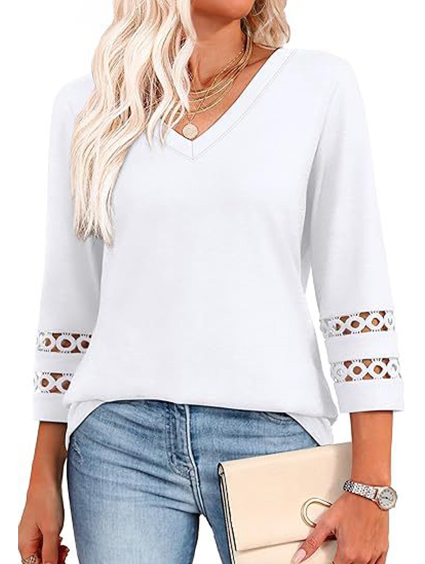 Solid color V-neck lace-trimmed top for women
