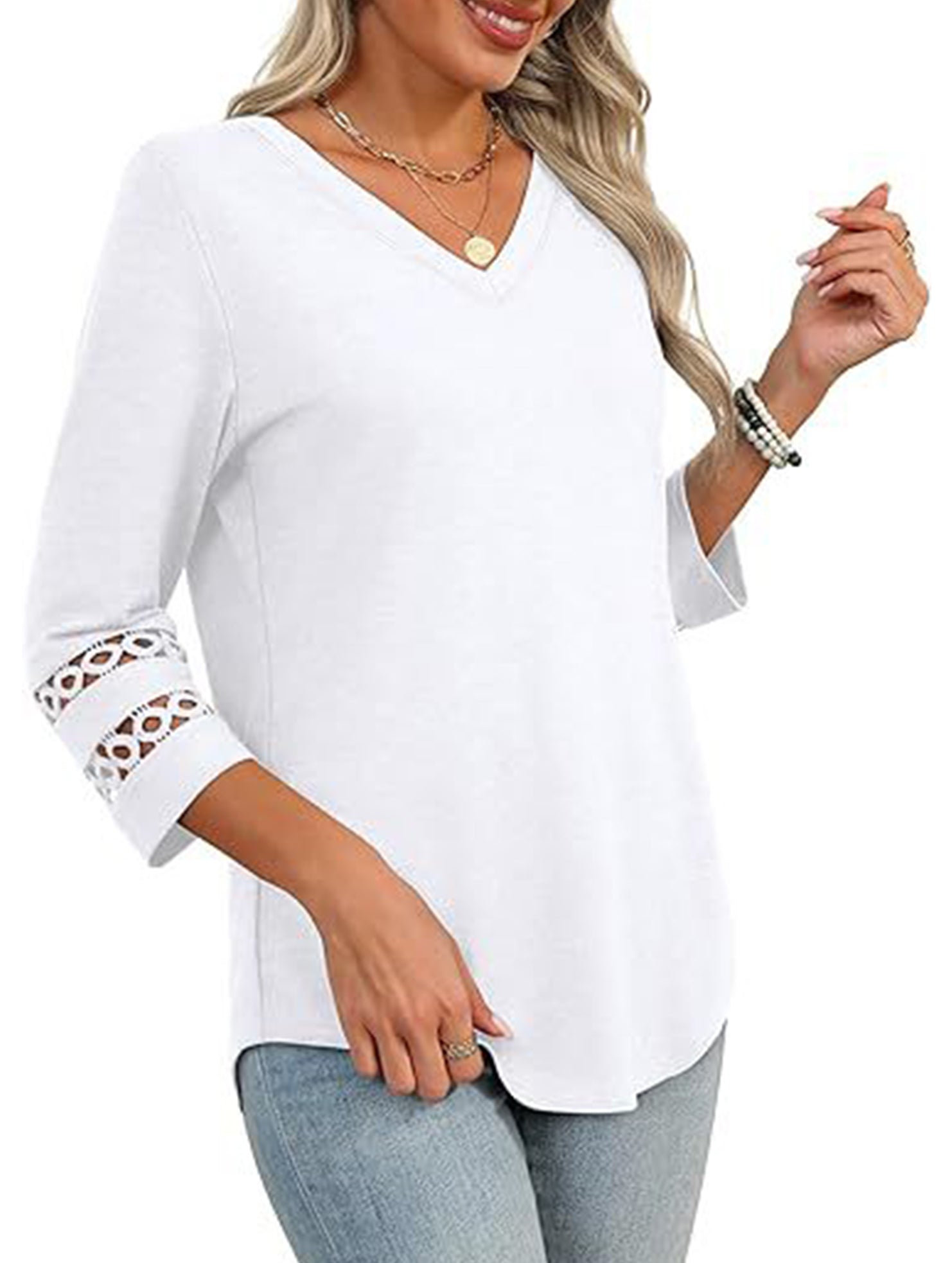 Solid color V-neck lace-trimmed top for women