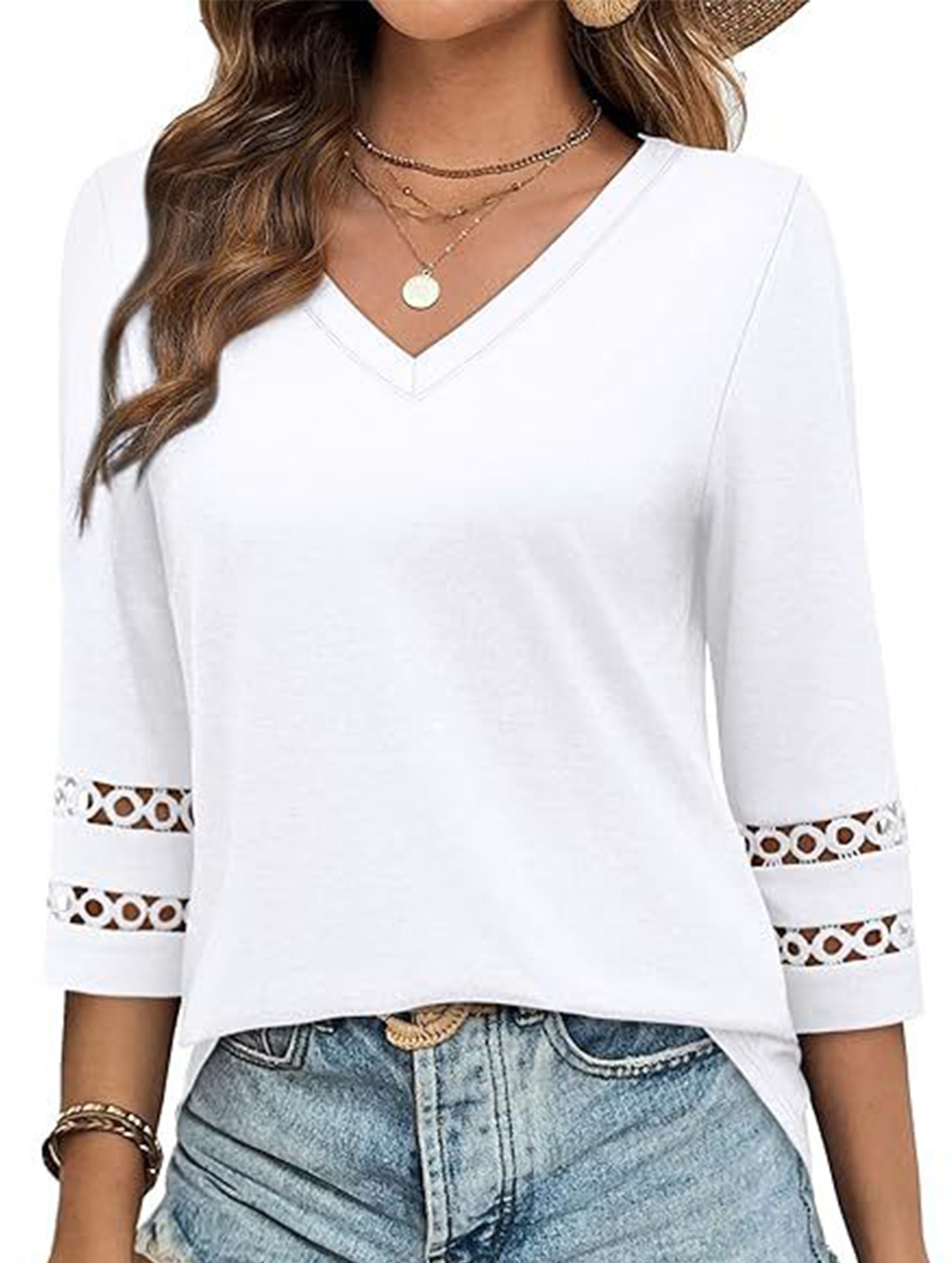 Solid color V-neck lace-trimmed top for women