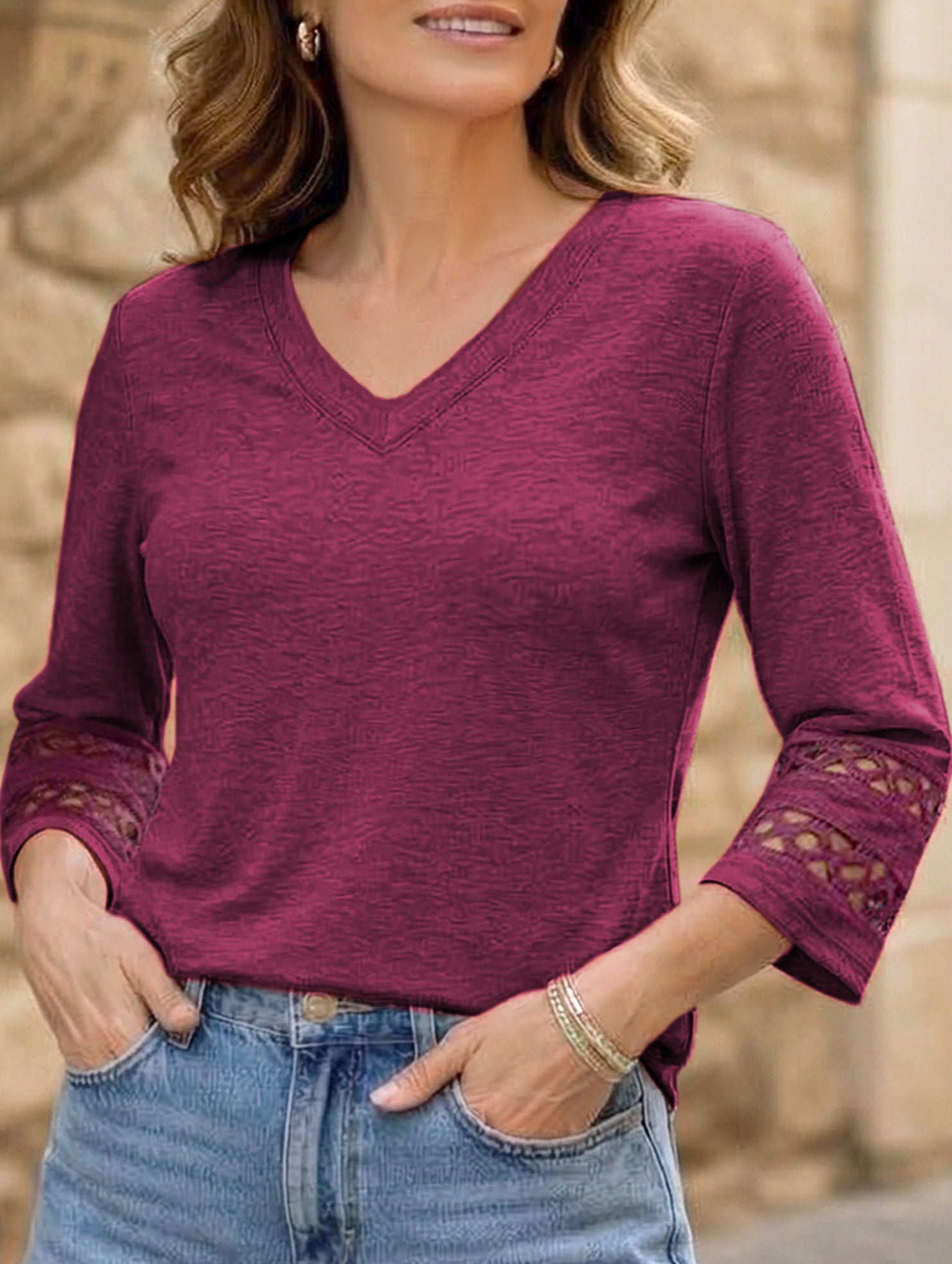 Solid color V-neck lace-trimmed top for women