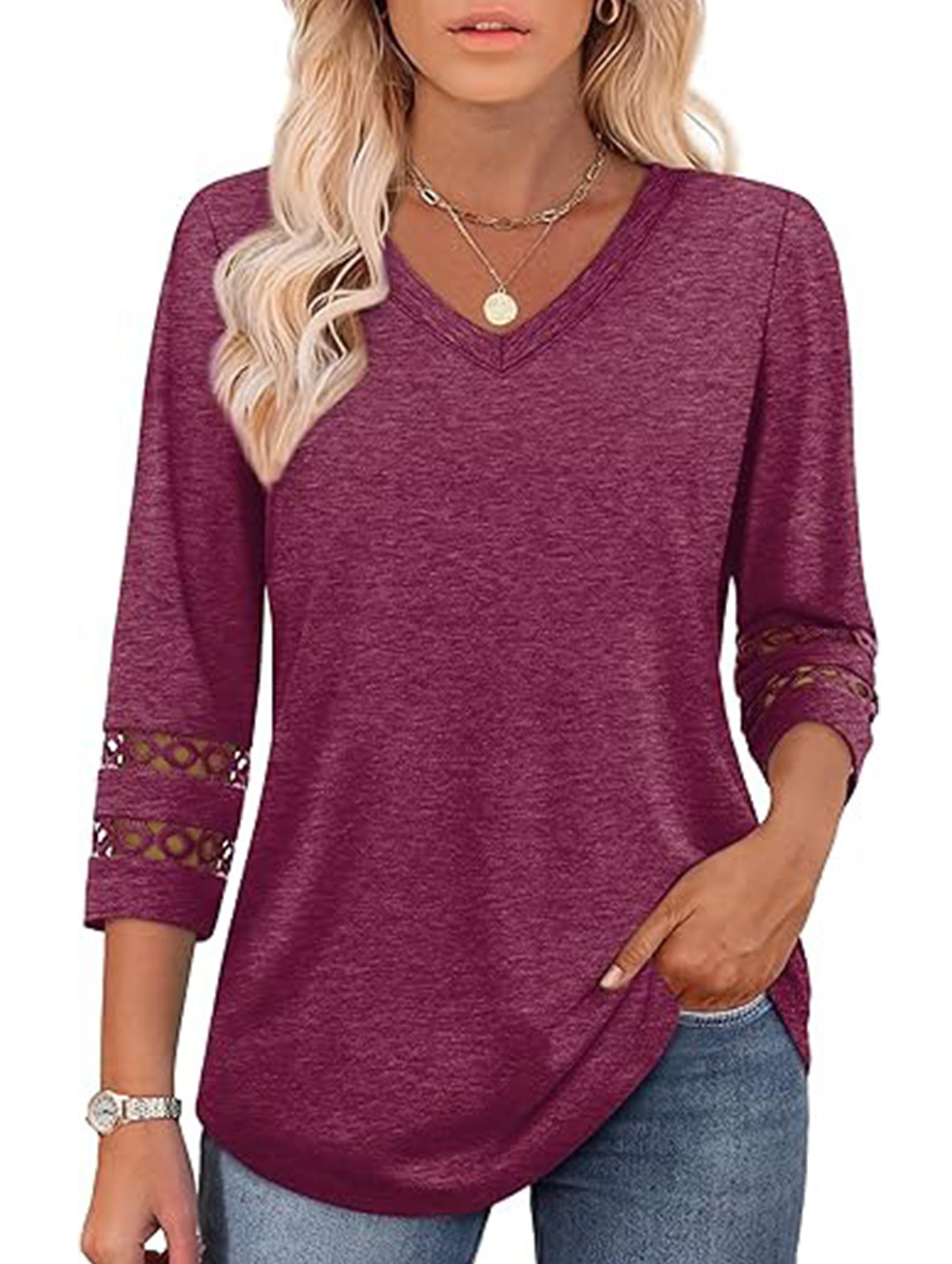 Solid color V-neck lace-trimmed top for women