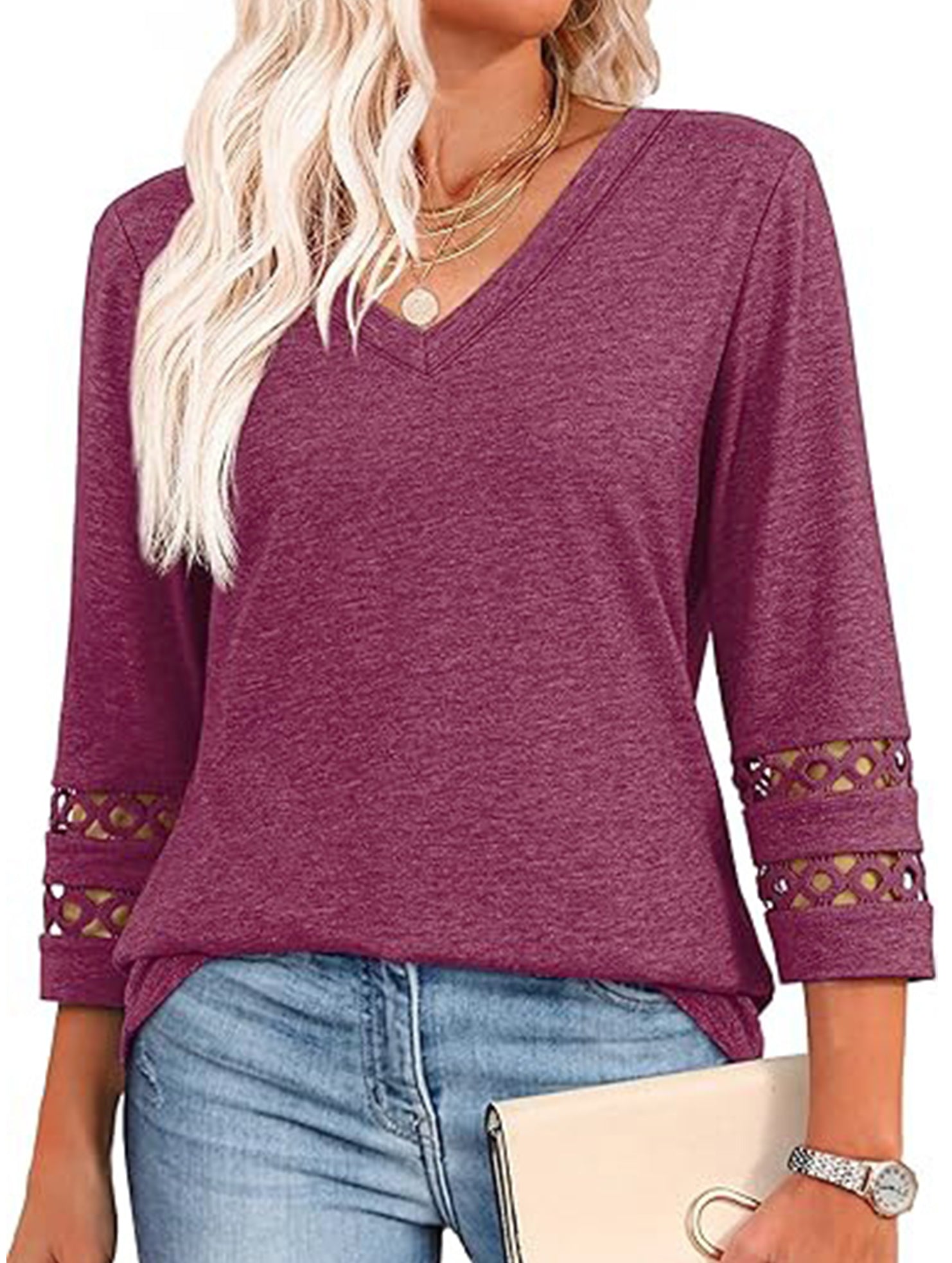 Solid color V-neck lace-trimmed top for women