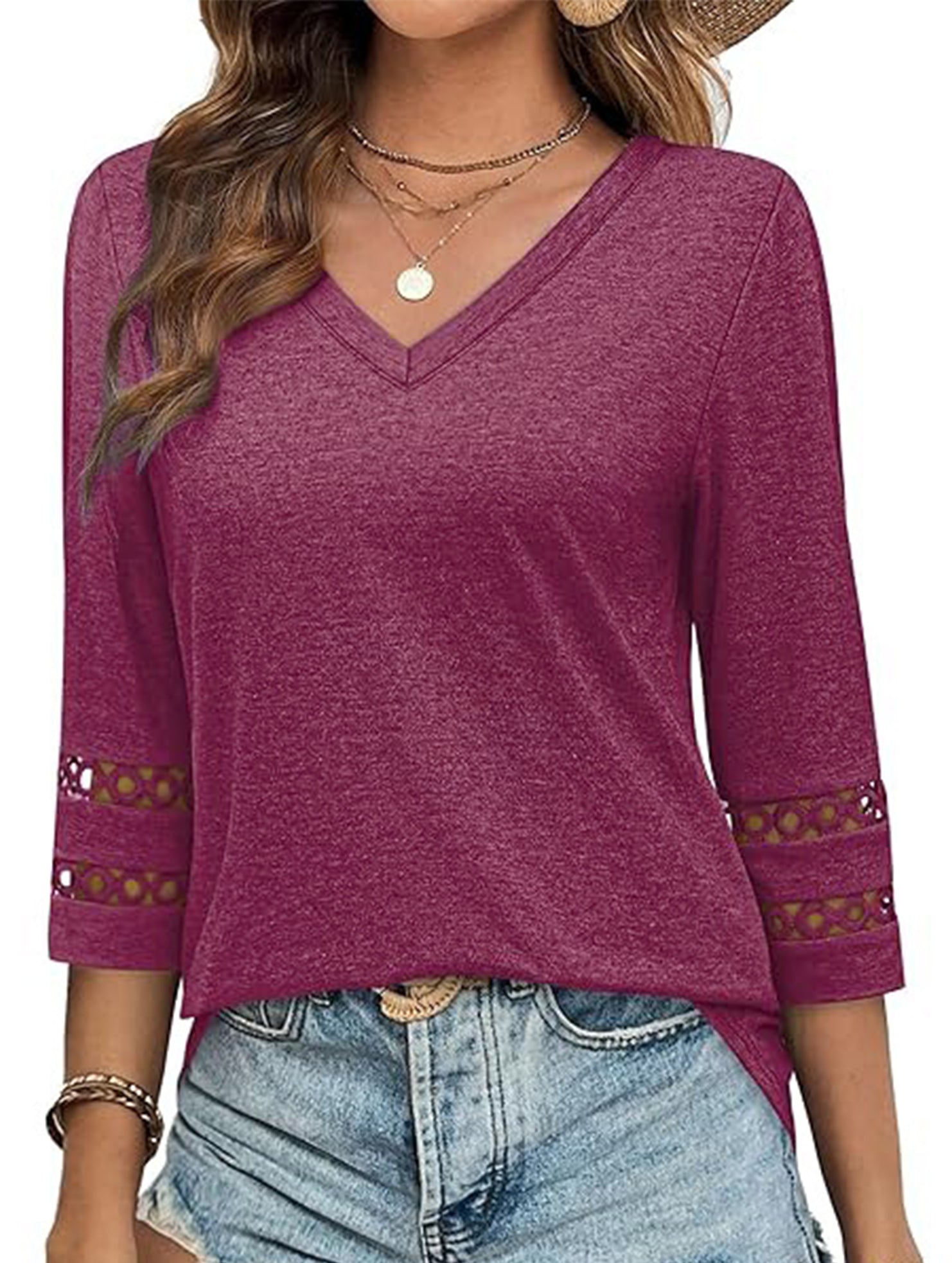 Solid color V-neck lace-trimmed top for women