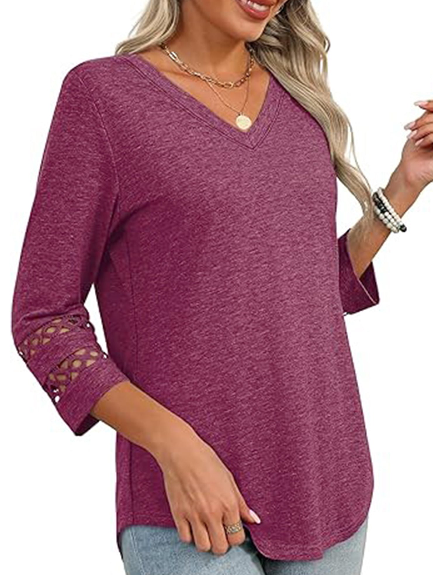 Solid color V-neck lace-trimmed top for women