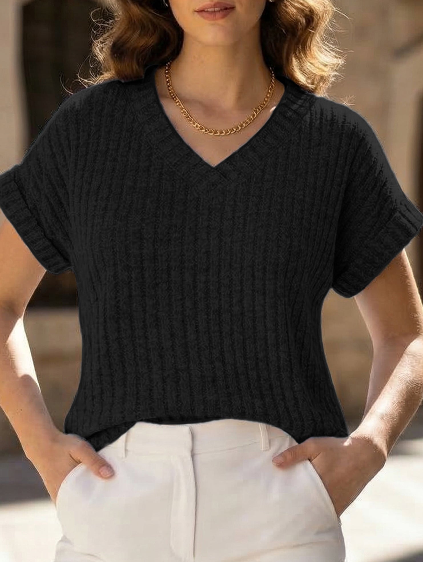 Solid color V-neck casual versatile women's top