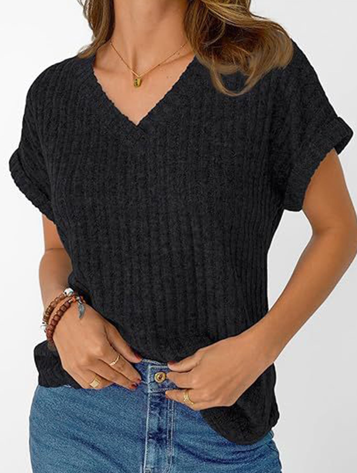 Solid color V-neck casual versatile women's top