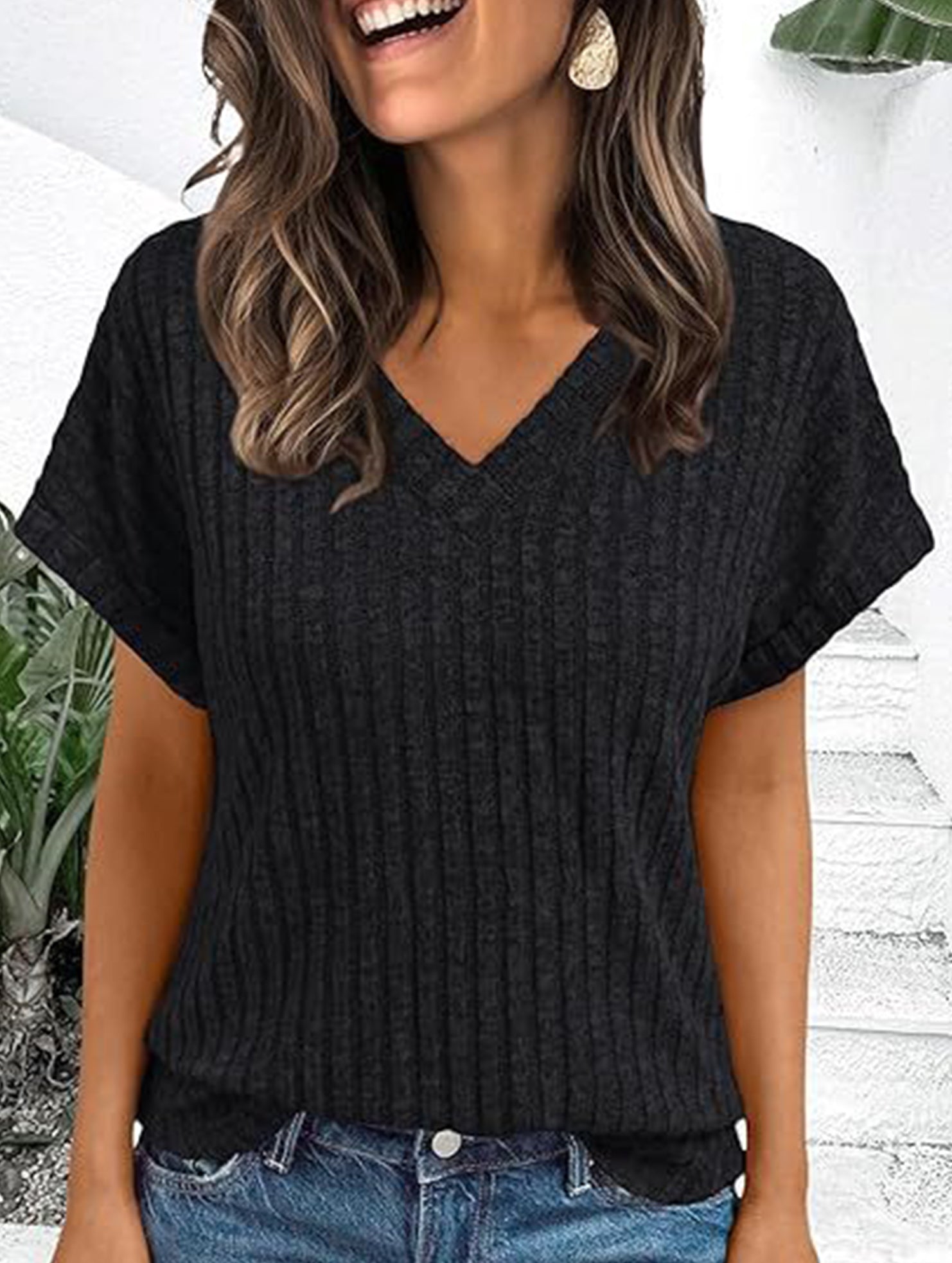 Solid color V-neck casual versatile women's top