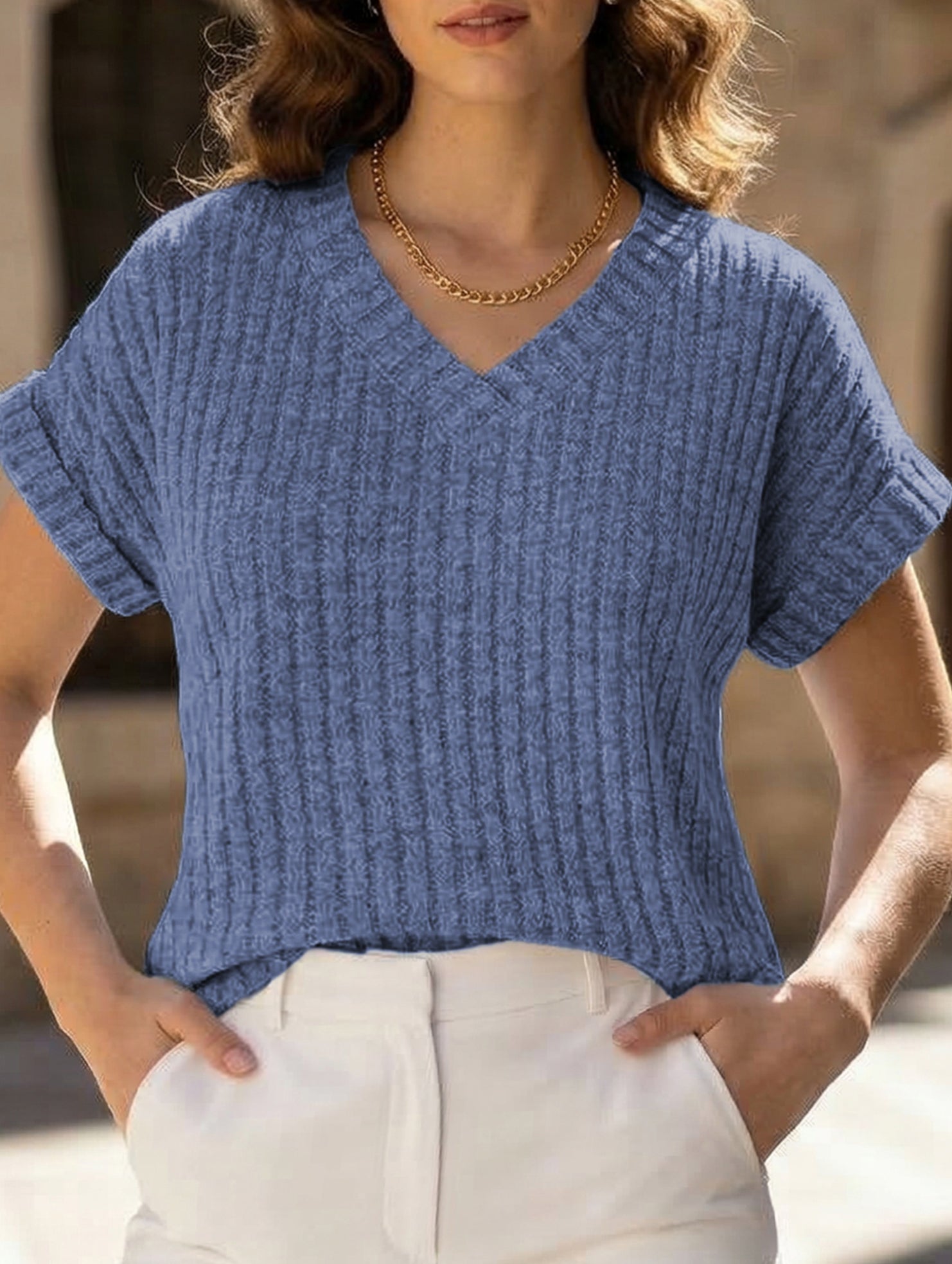 Solid color V-neck casual versatile women's top