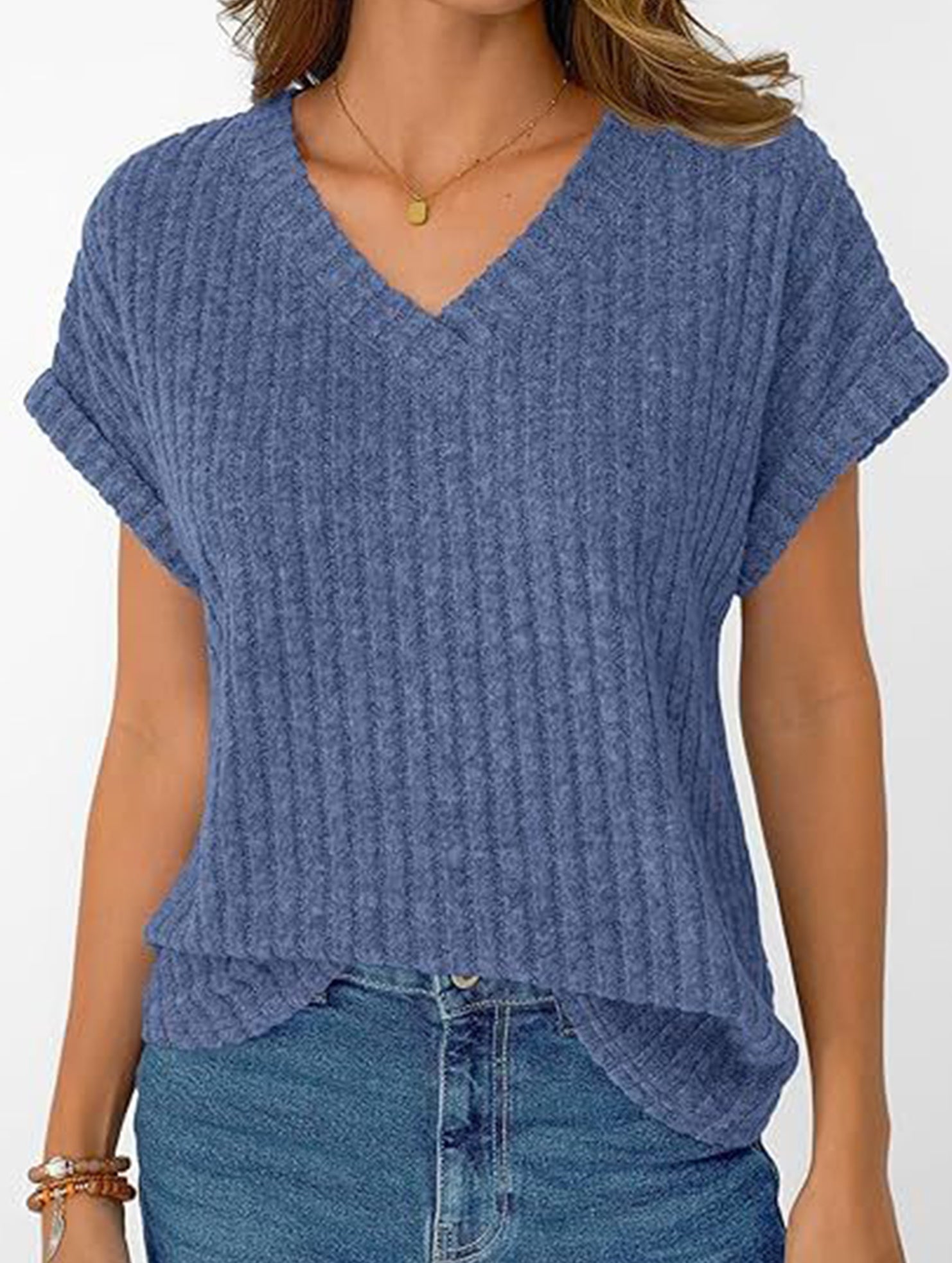 Solid color V-neck casual versatile women's top