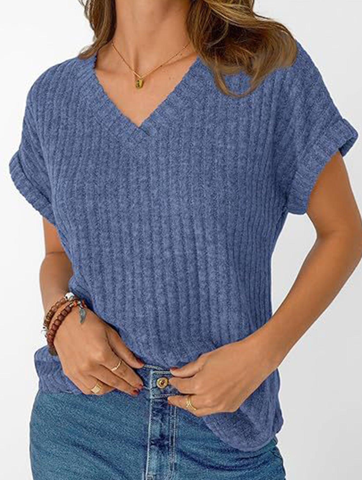 Solid color V-neck casual versatile women's top