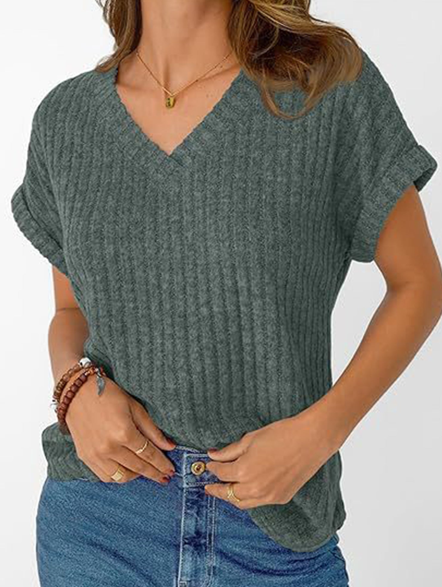 Solid color V-neck casual versatile women's top