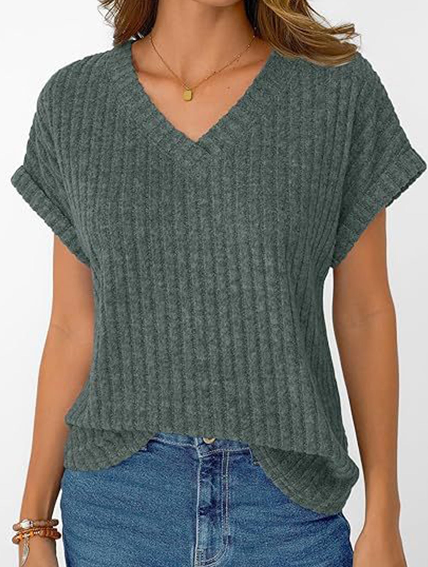 Solid color V-neck casual versatile women's top