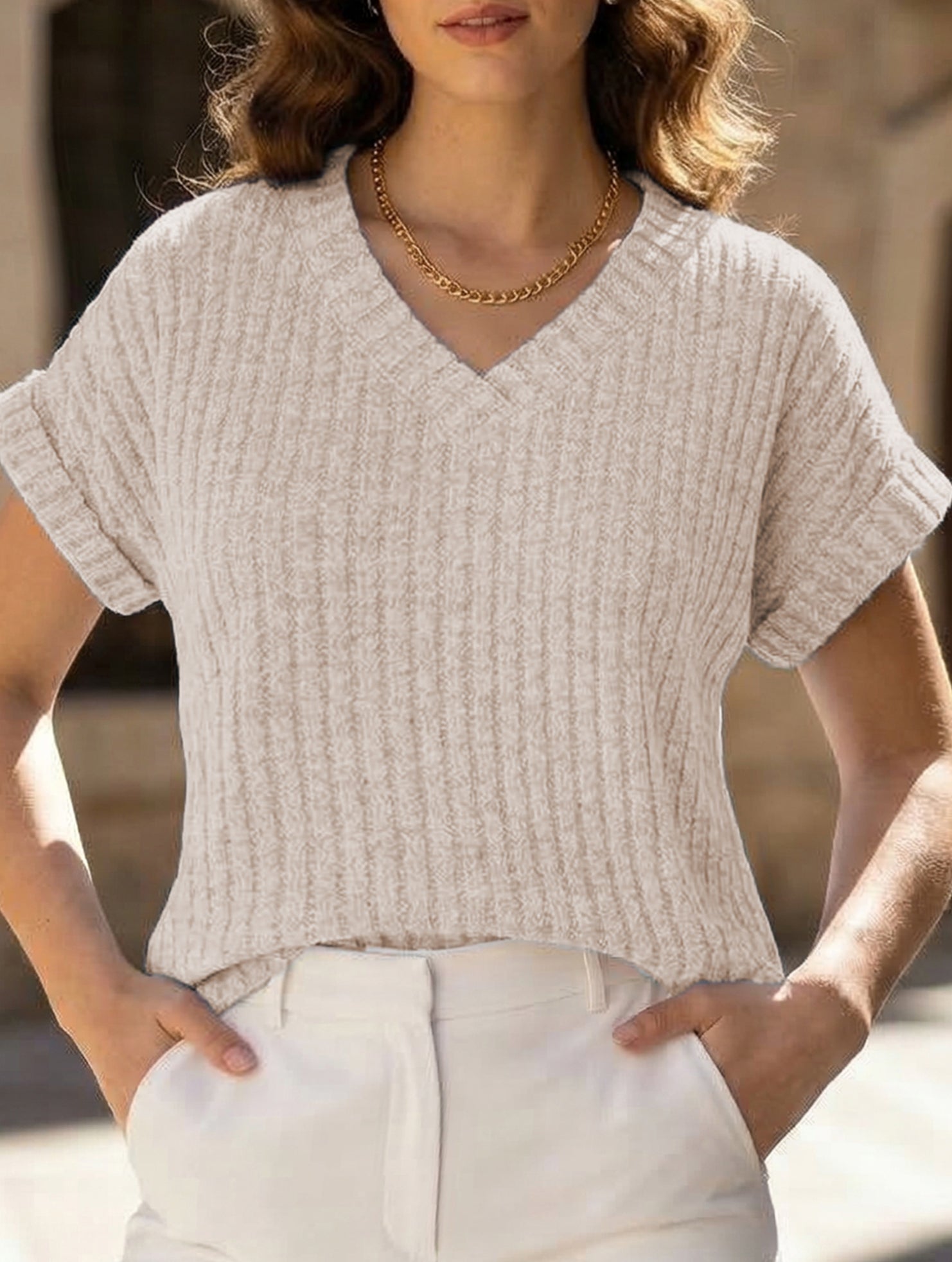 Solid color V-neck casual versatile women's top