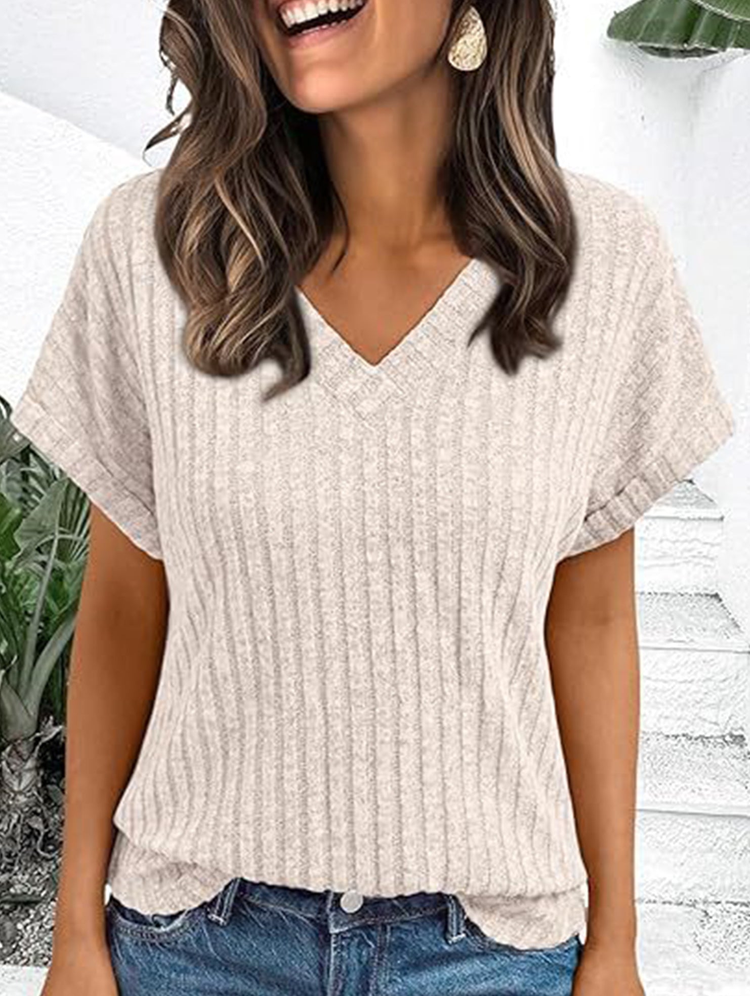 Solid color V-neck casual versatile women's top
