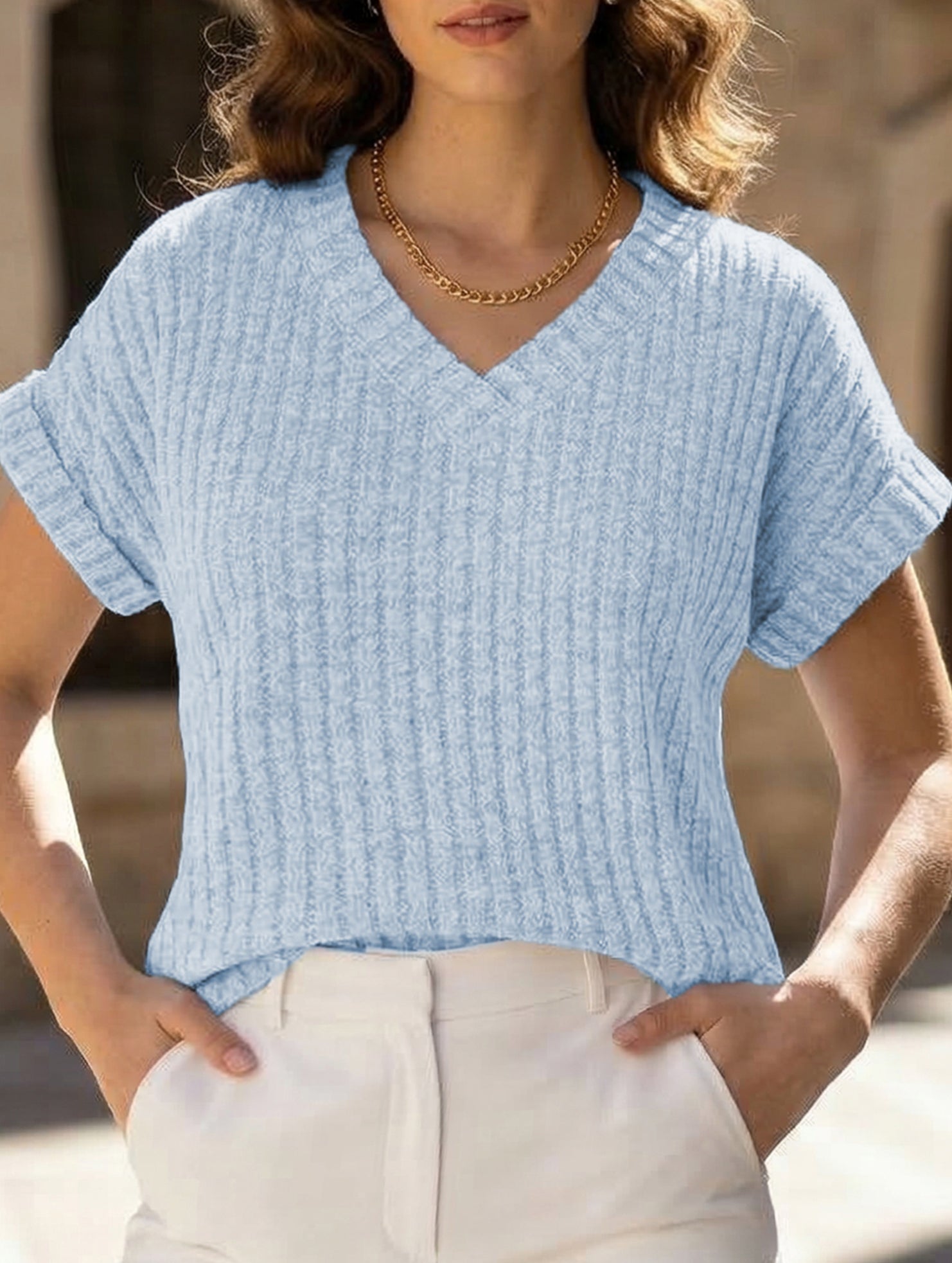 Solid color V-neck casual versatile women's top