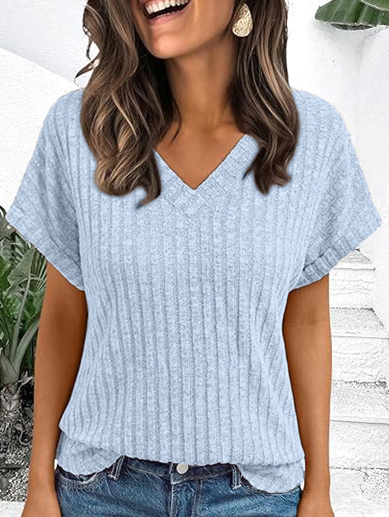 Solid color V-neck casual versatile women's top