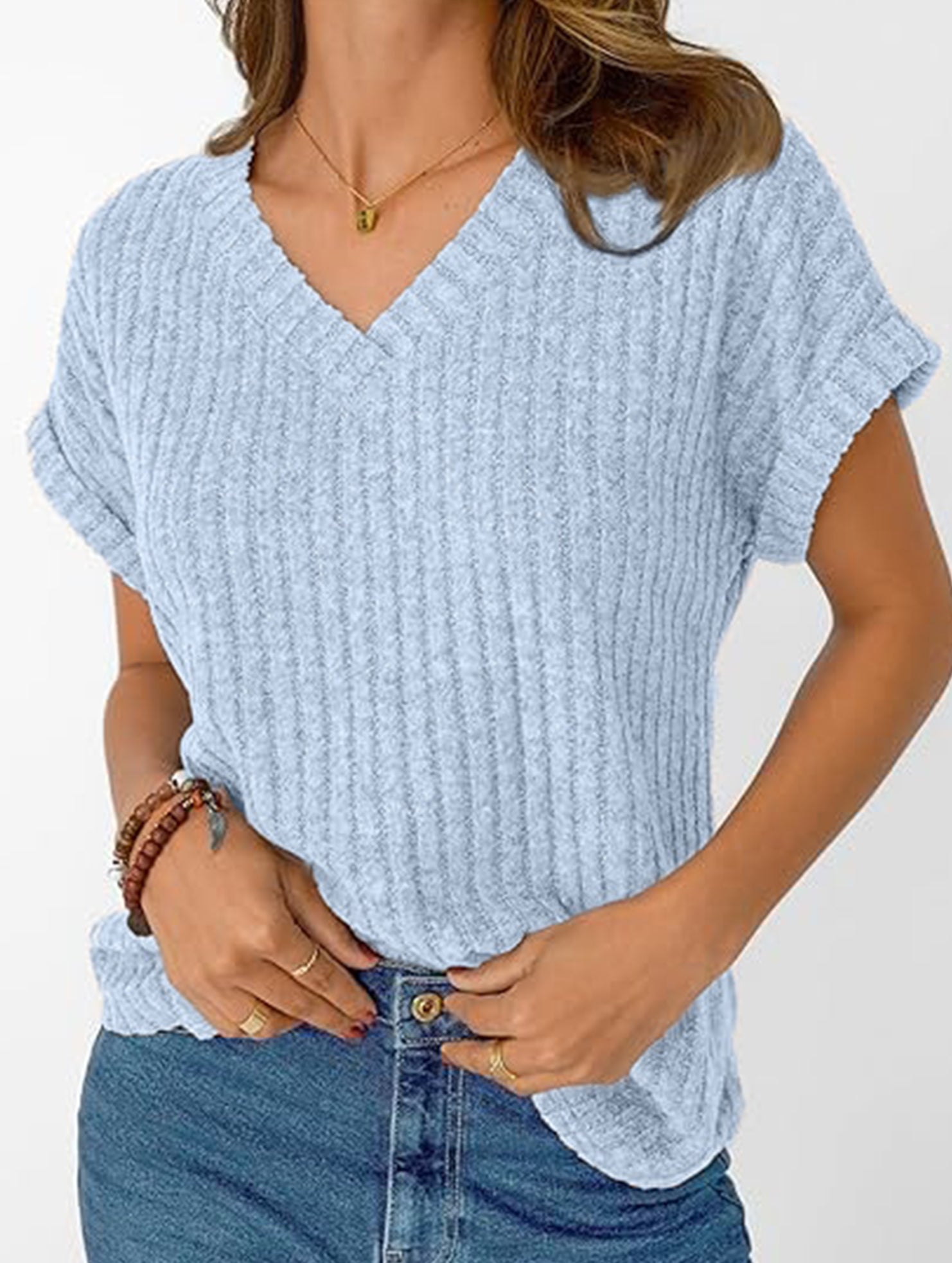 Solid color V-neck casual versatile women's top