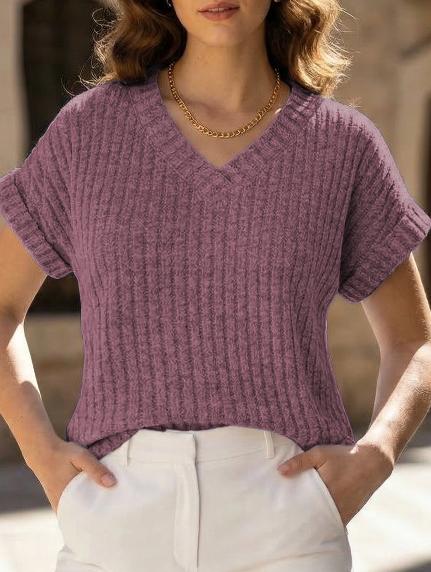 Solid color V-neck casual versatile women's top