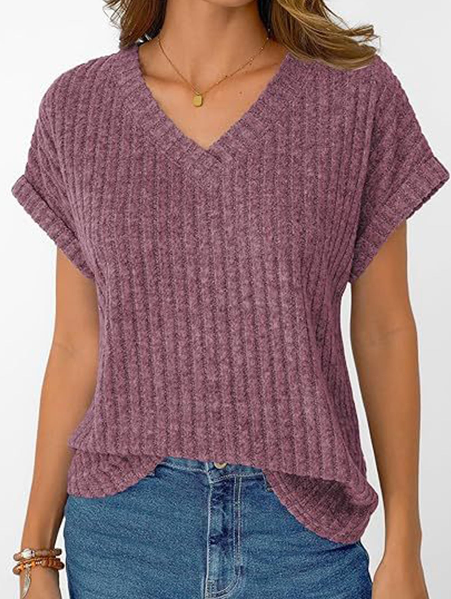 Solid color V-neck casual versatile women's top
