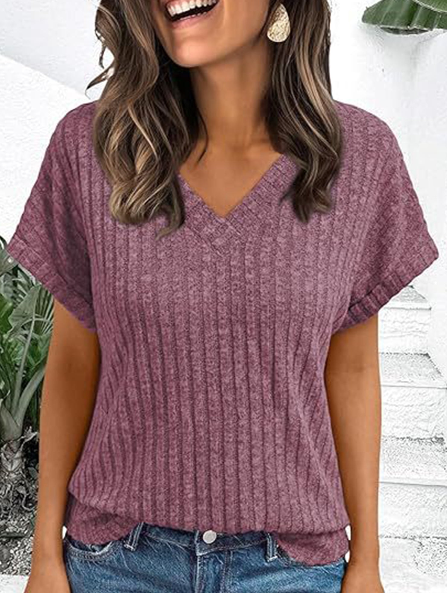 Solid color V-neck casual versatile women's top