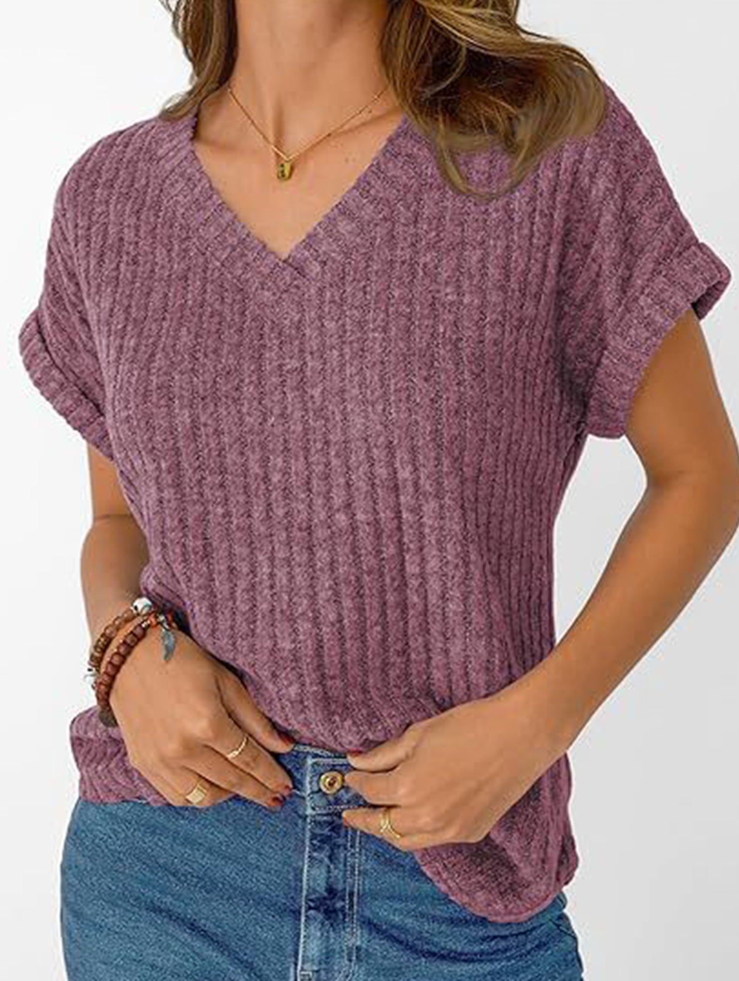 Solid color V-neck casual versatile women's top