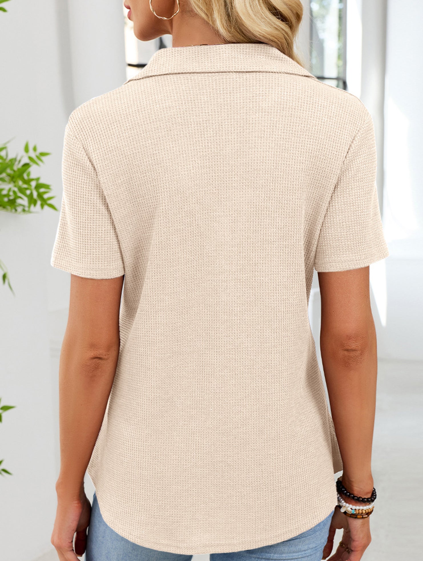 Women's lapel waffle knit casual short-sleeved top