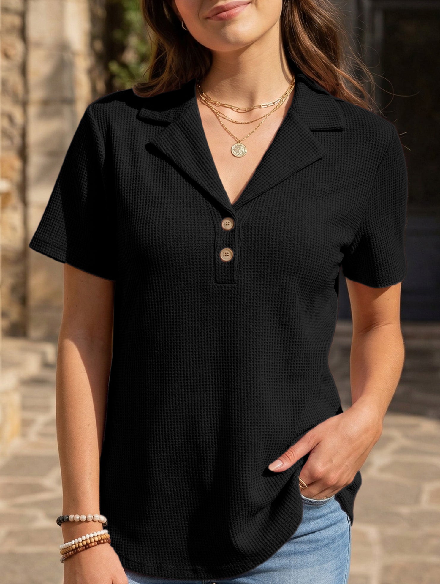 Women's lapel waffle knit casual short-sleeved top