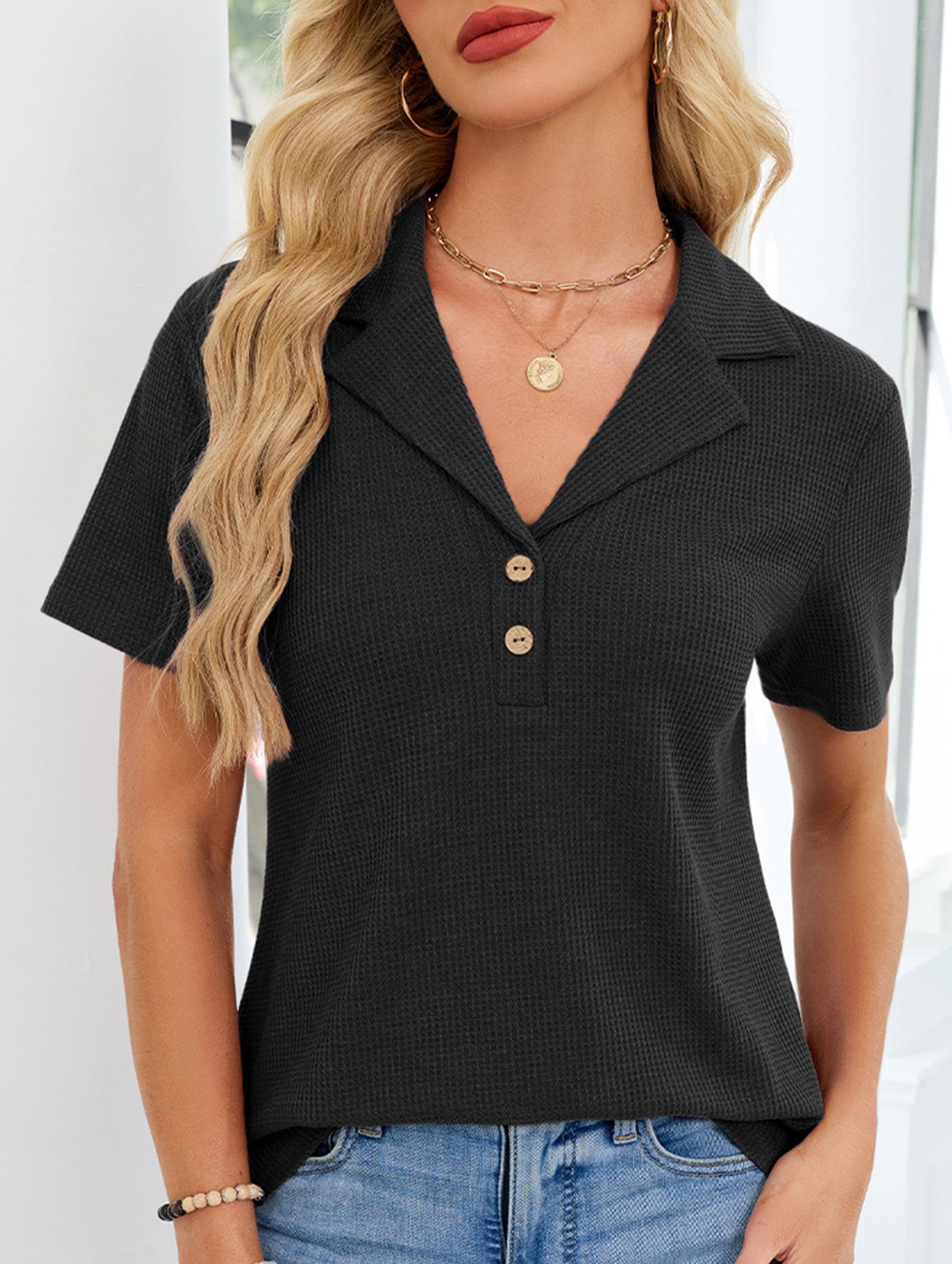 Women's lapel waffle knit casual short-sleeved top