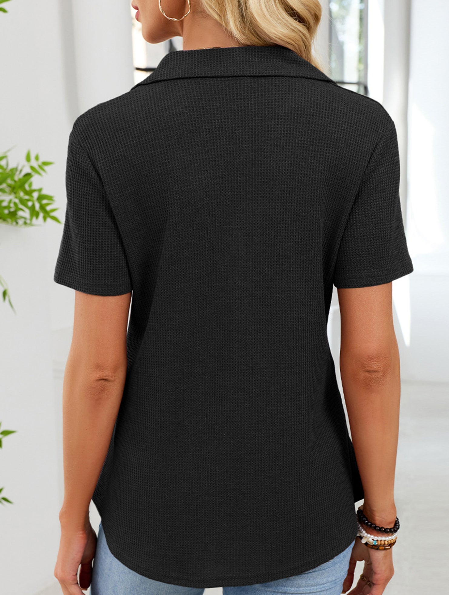 Women's lapel waffle knit casual short-sleeved top