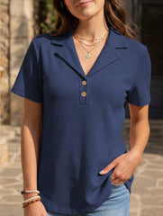 Women's lapel waffle knit casual short-sleeved top