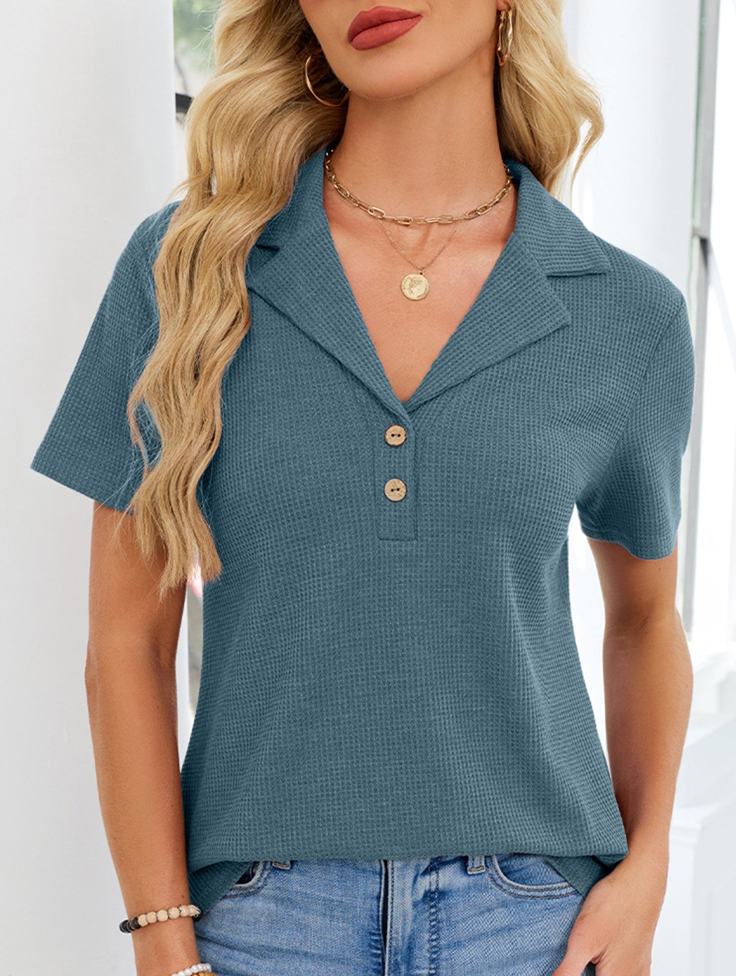 Women's lapel waffle knit casual short-sleeved top