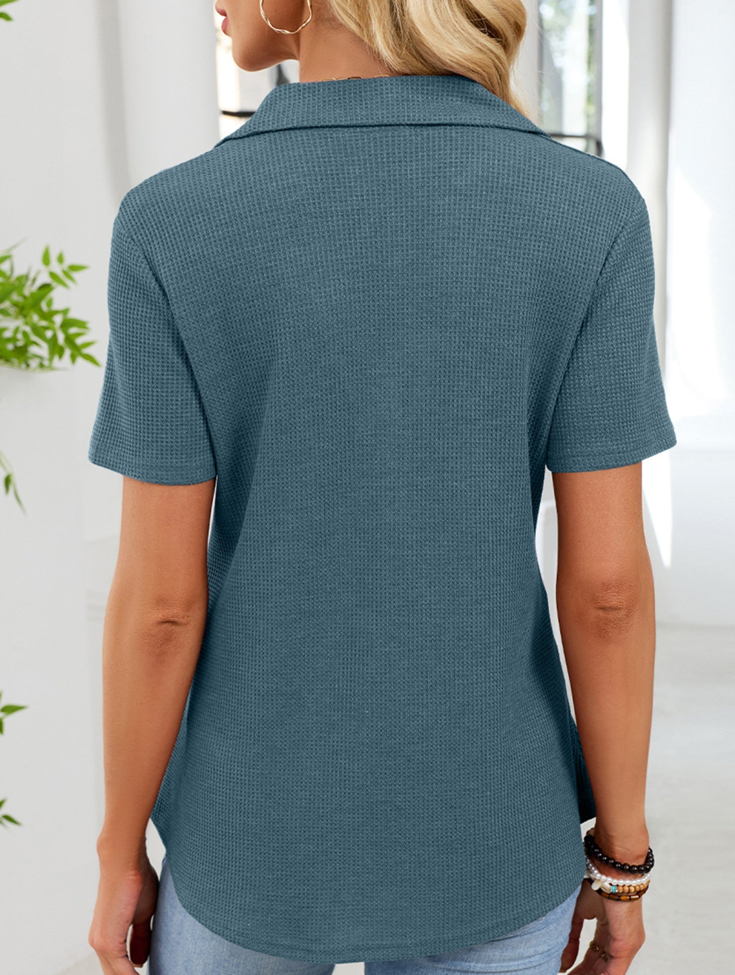 Women's lapel waffle knit casual short-sleeved top