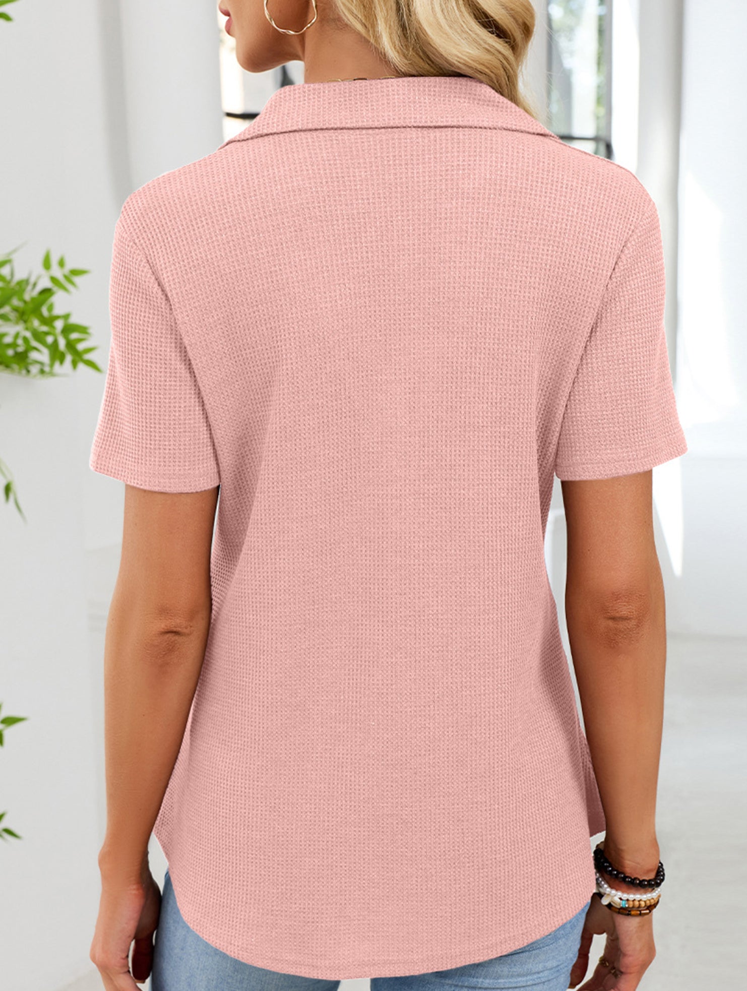 Women's lapel waffle knit casual short-sleeved top