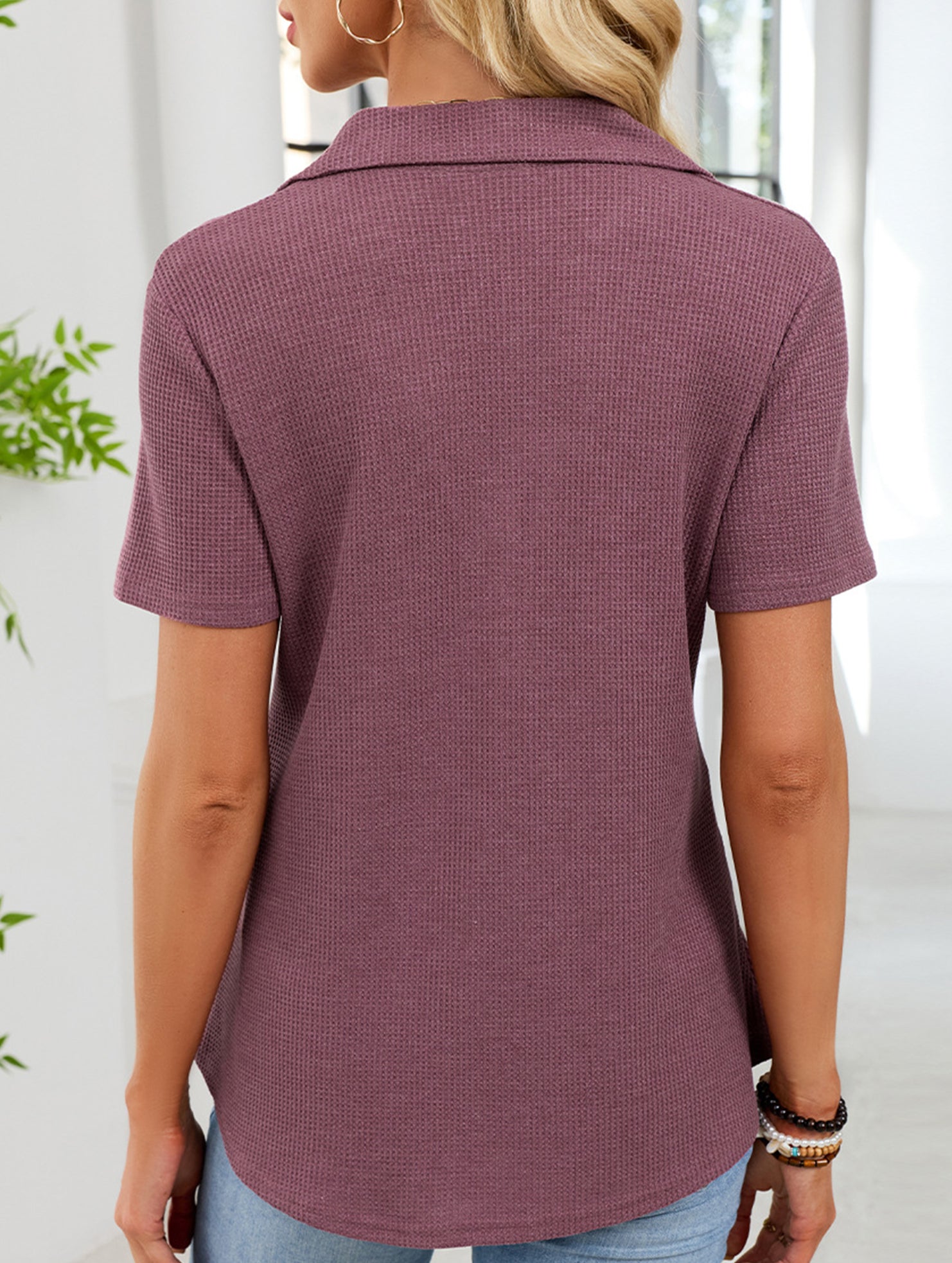 Women's lapel waffle knit casual short-sleeved top