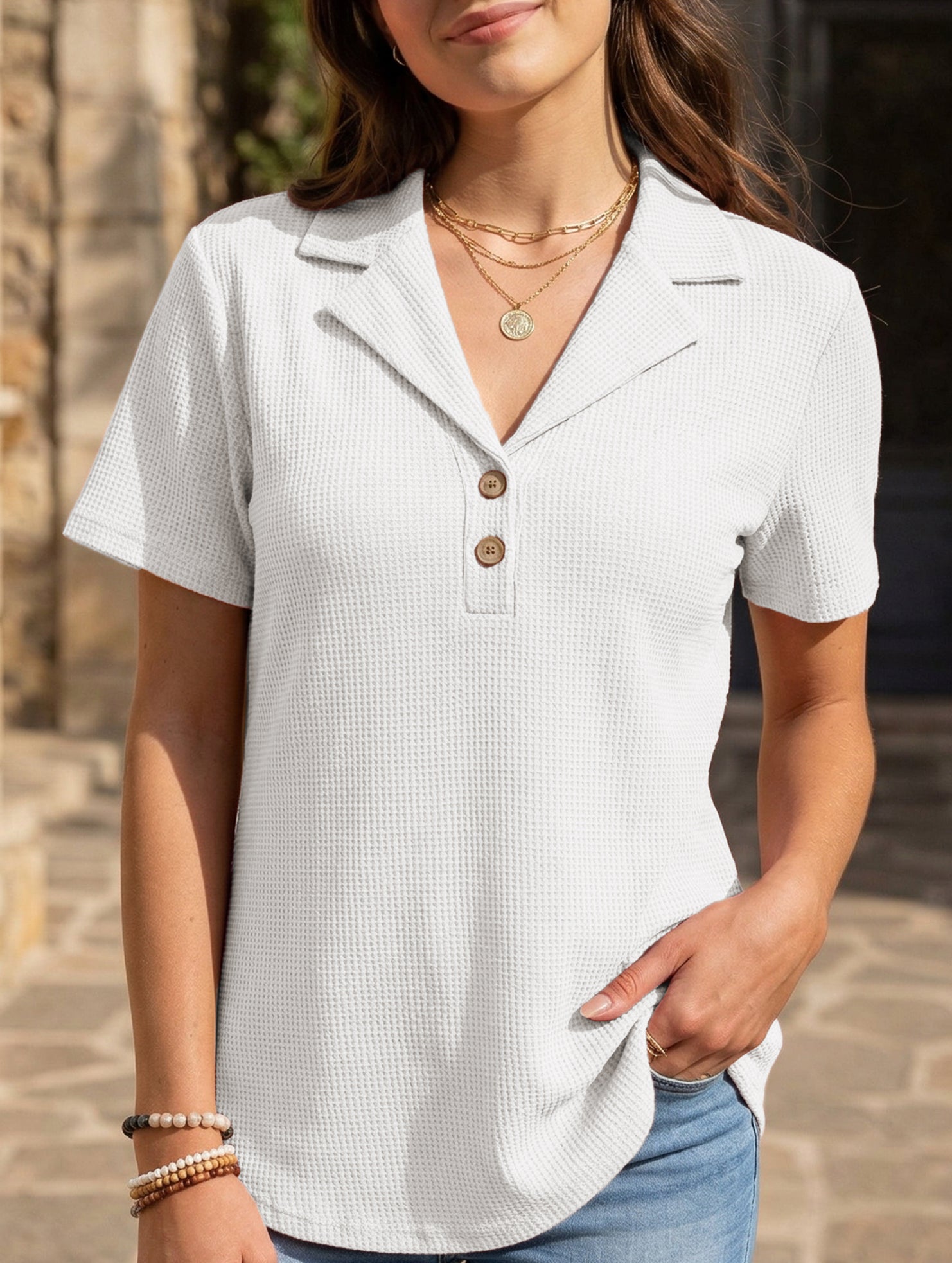 Women's lapel waffle knit casual short-sleeved top