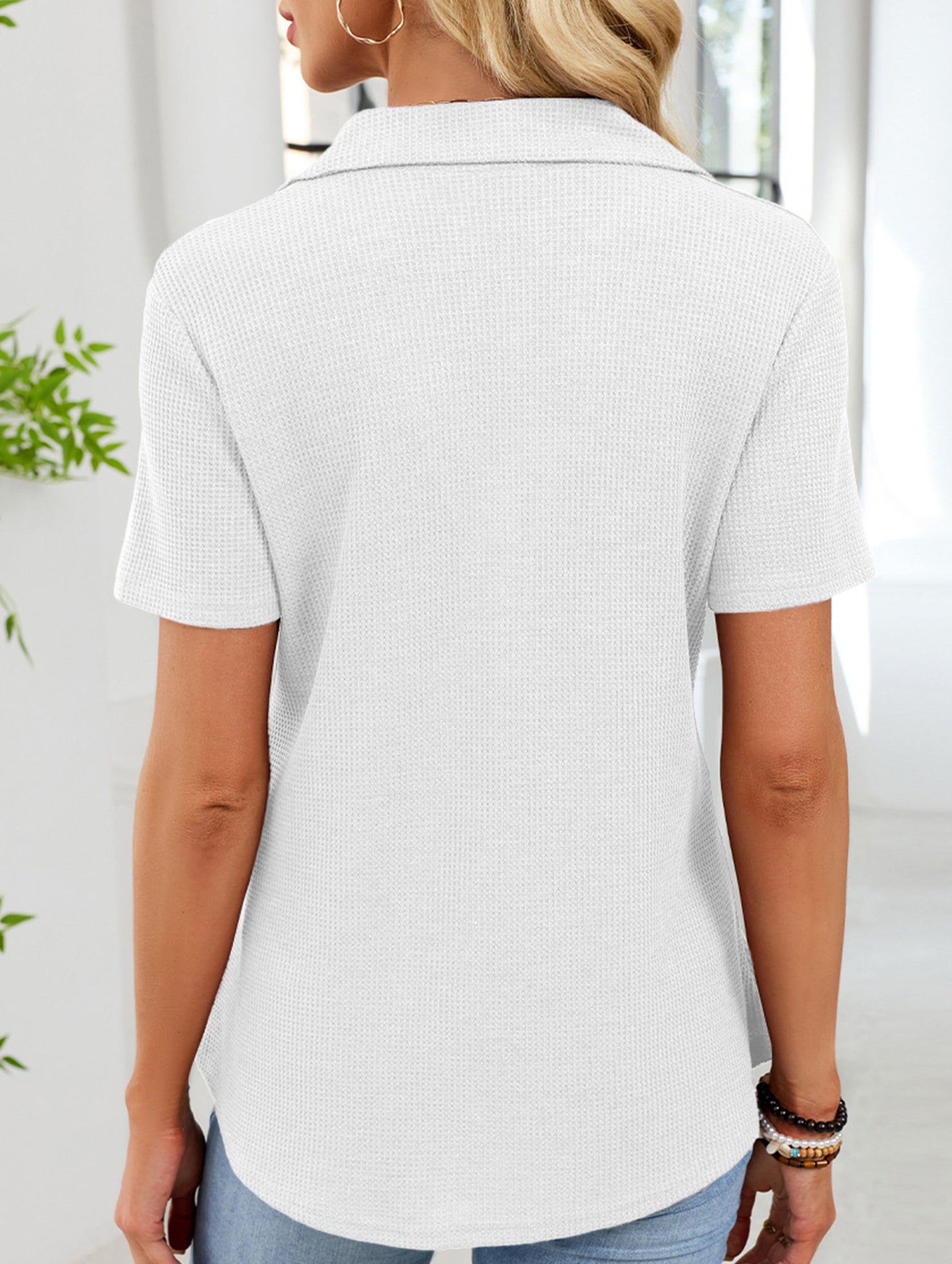 Women's lapel waffle knit casual short-sleeved top