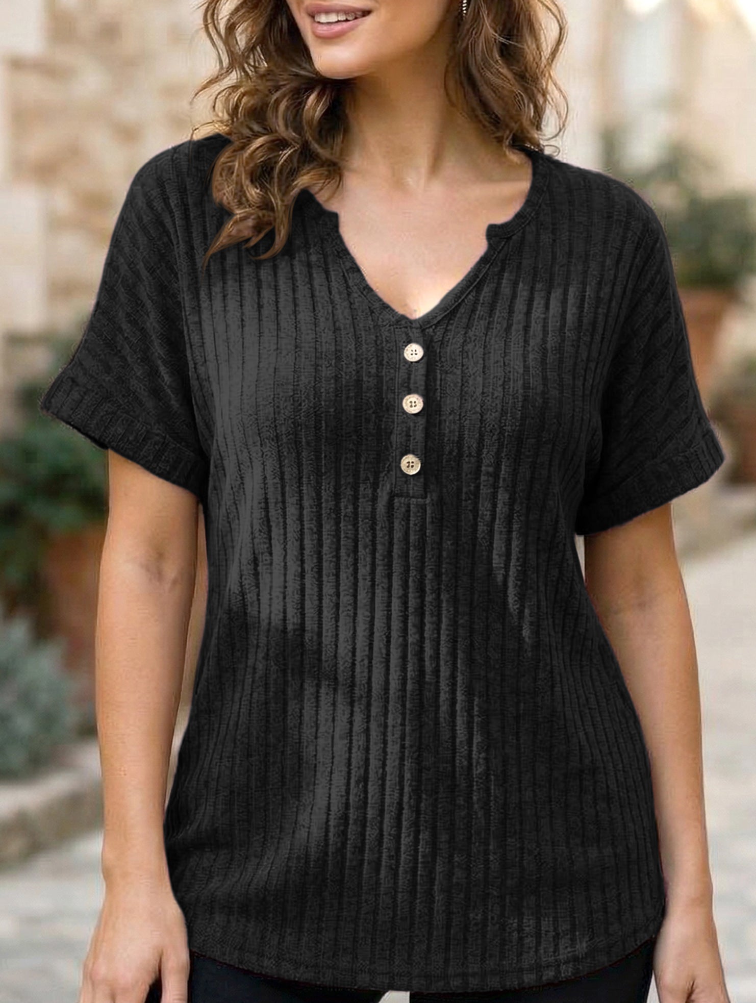 V-neck button-down loose ribbed short-sleeved T-shirt
