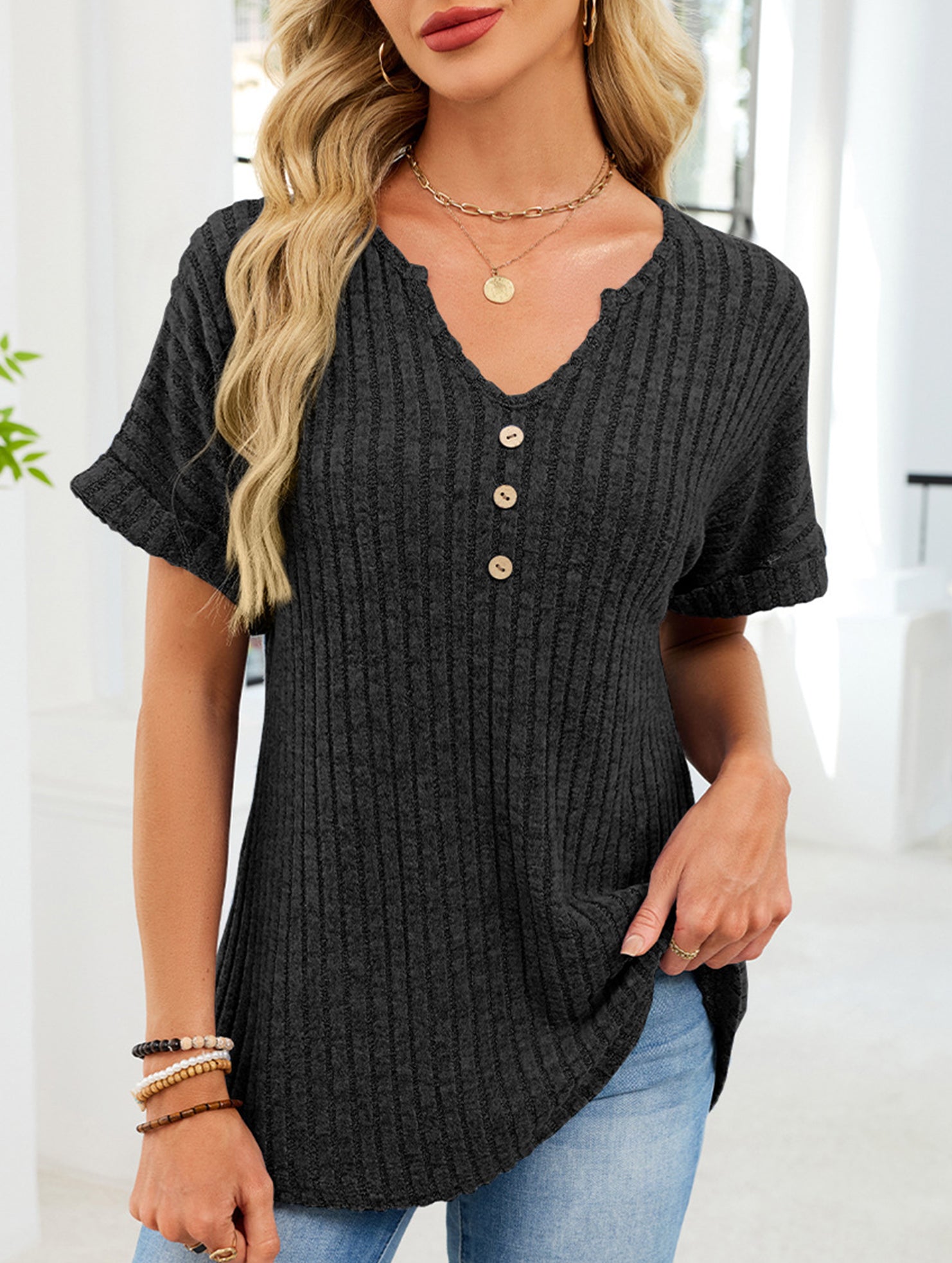V-neck button-down loose ribbed short-sleeved T-shirt