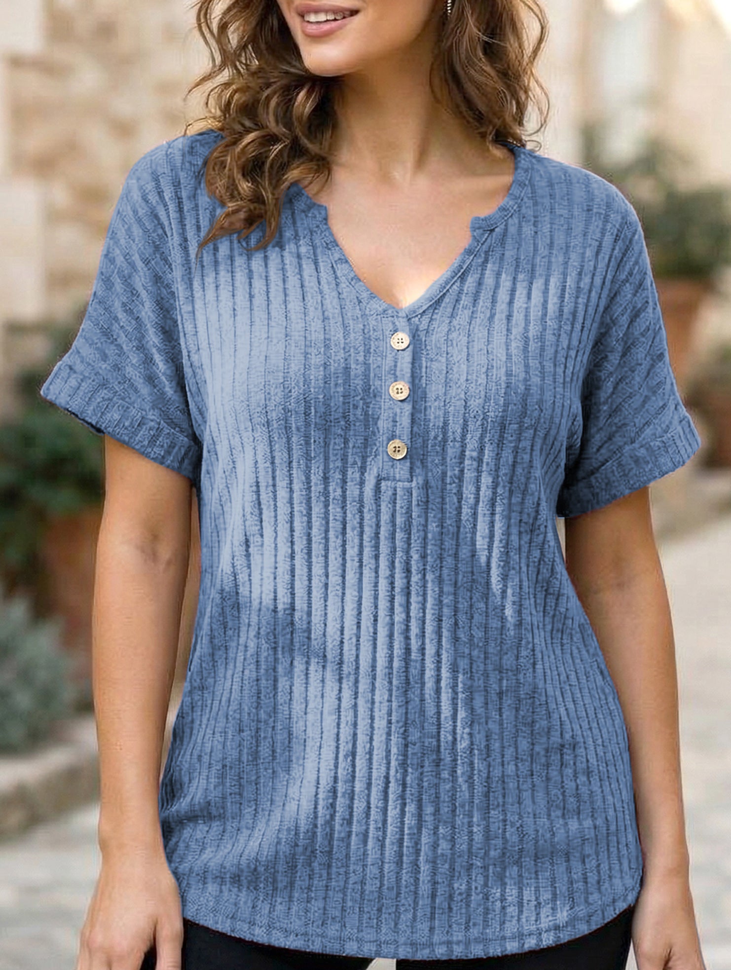 V-neck button-down loose ribbed short-sleeved T-shirt